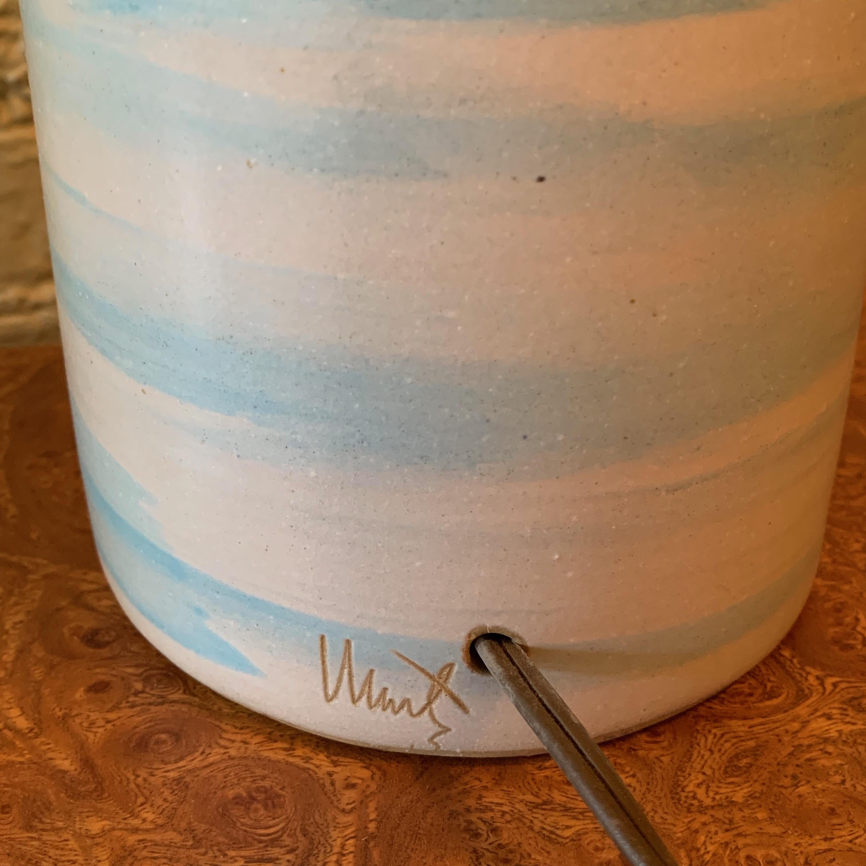 Brass Mid-Century Modern Art Pottery Swirled Light Blue Table Lamp by Gordon Martz