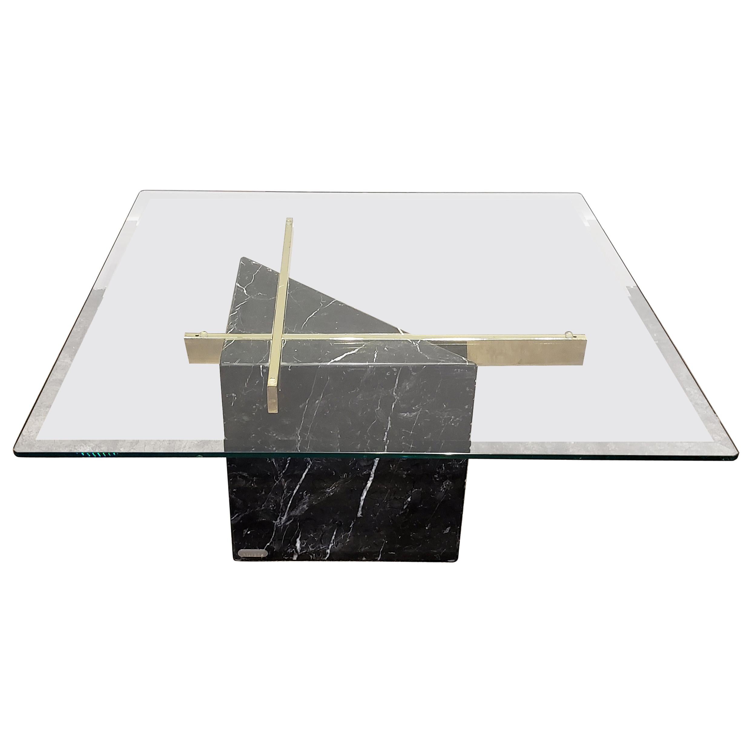 Mid-Century Modern Artedi Black Marble Glass and Brass Coffee Table For Sale