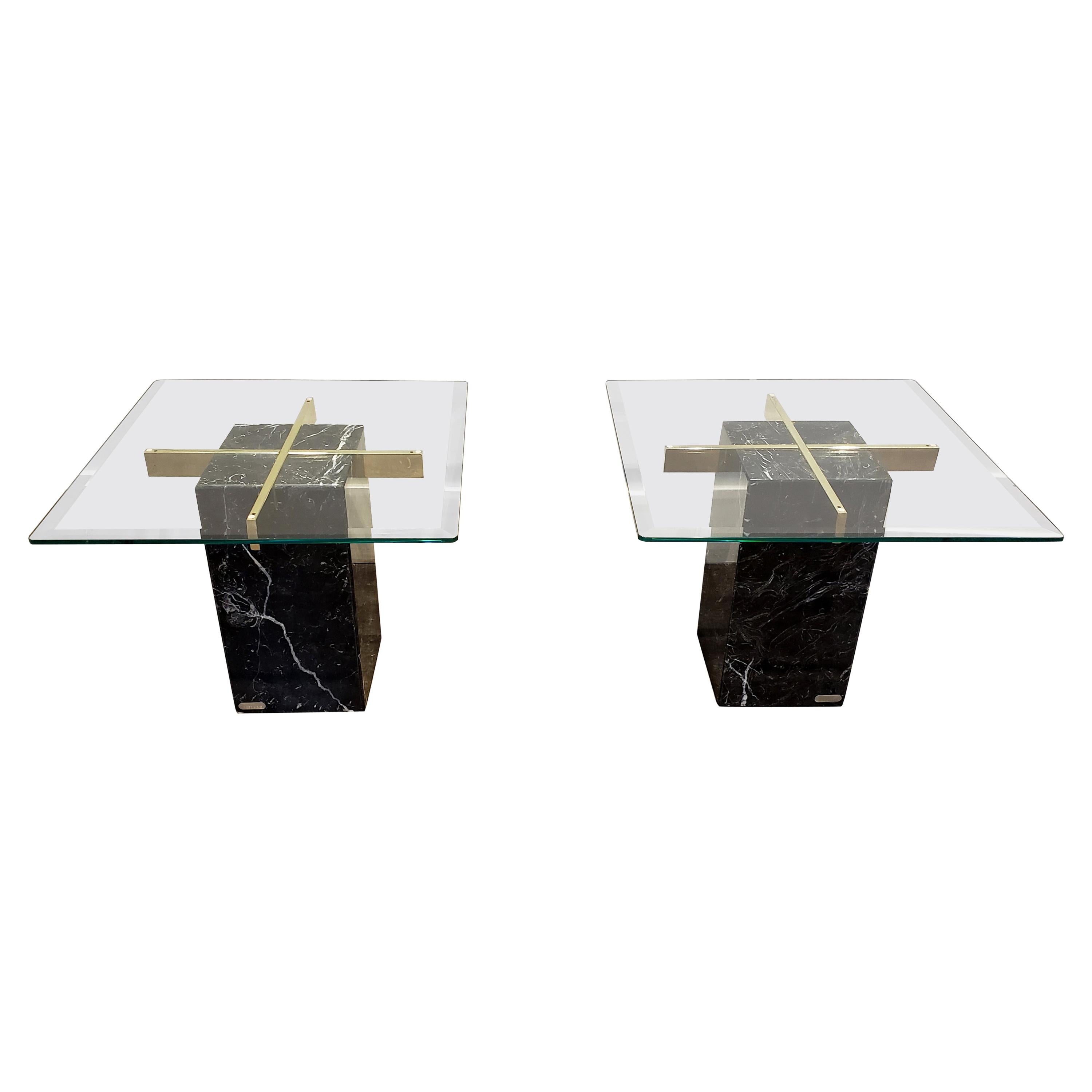 Mid-Century Modern Artedi Black Marble Glass and Brass Side Tables For Sale