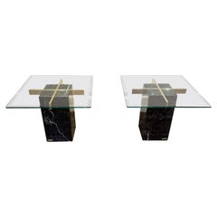 Mid-Century Modern Artedi Black Marble Glass and Brass Side Tables