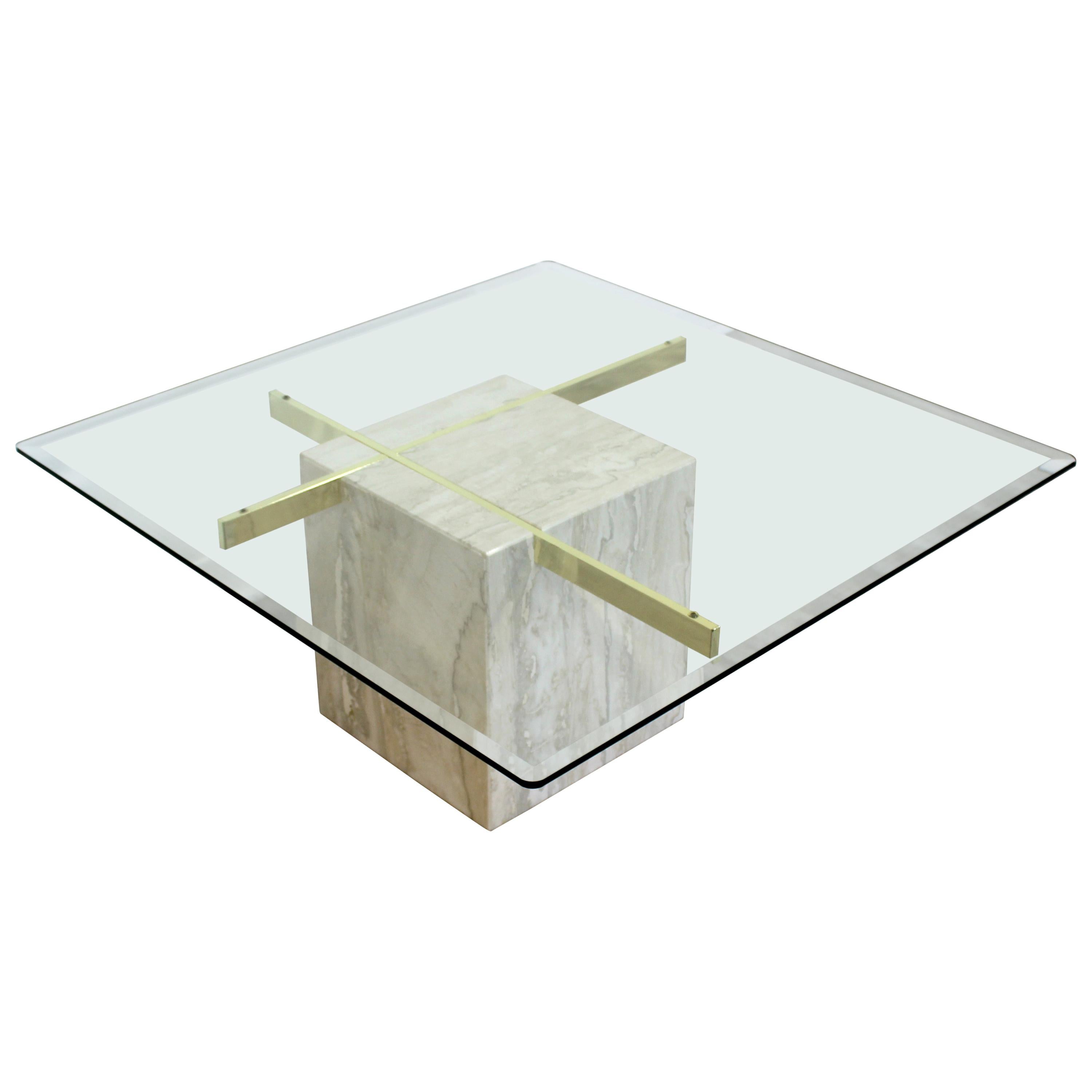 Mid-Century Modern Artedi Travertine and Brass Square Coffee Table, Italy, 1970s