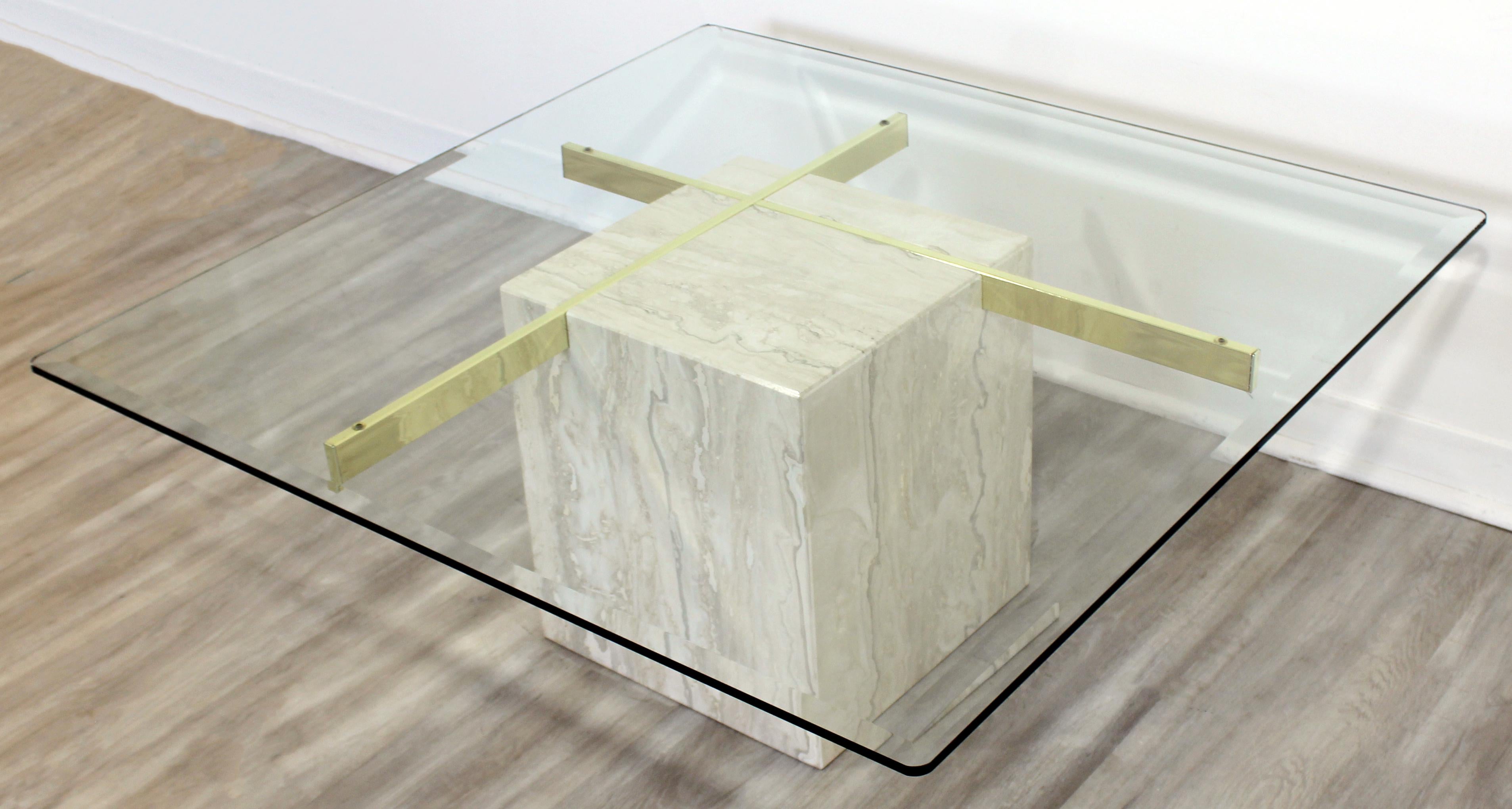 Glass Mid-Century Modern Artedi Travertine and Brass Square Coffee Table, Italy, 1970s