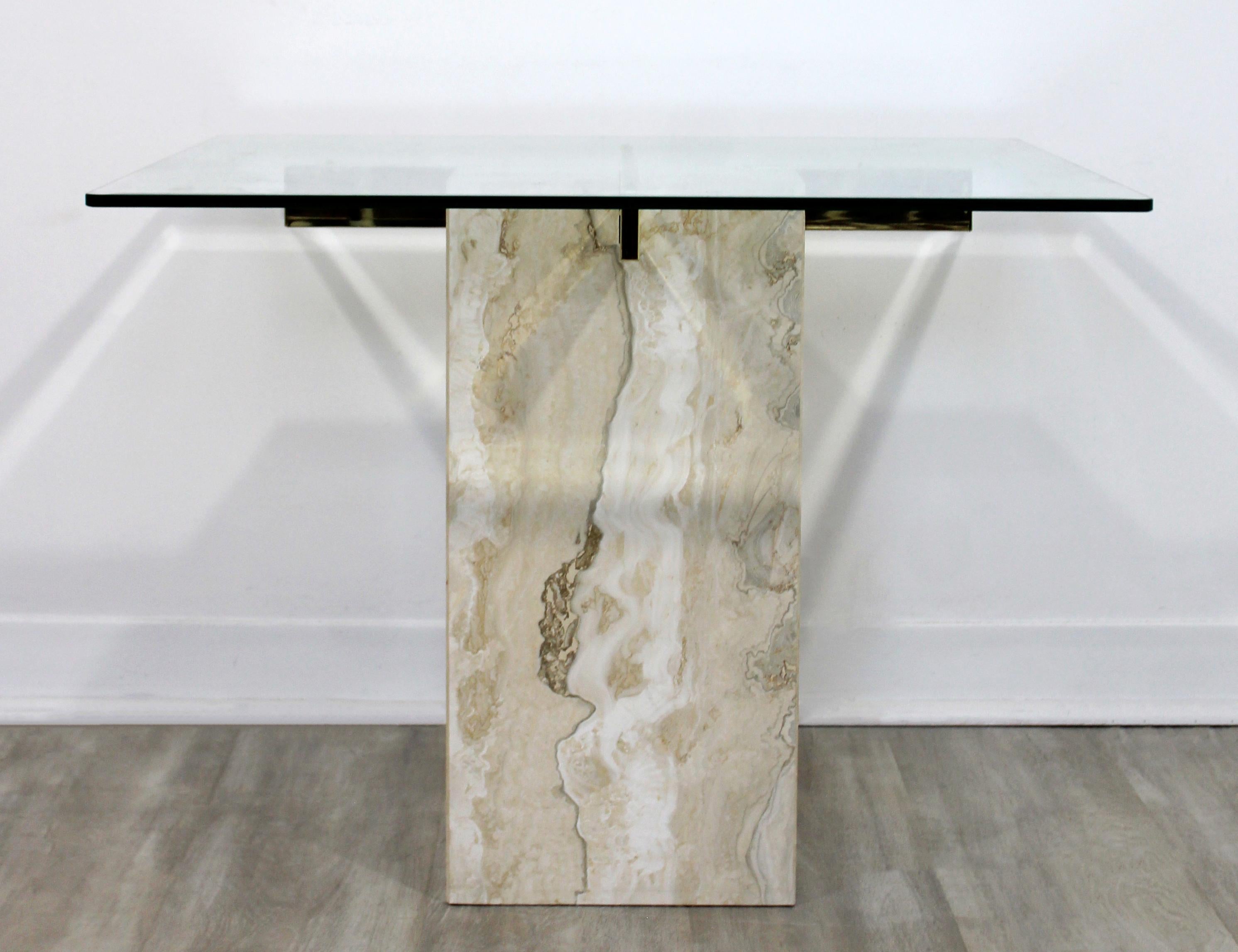 For your consideration is an incredible, square travertine topped side or end table, with brass inserts, by Artedi, made in Italy, circa 1970s. In excellent vintage condition. The dimensions are 27