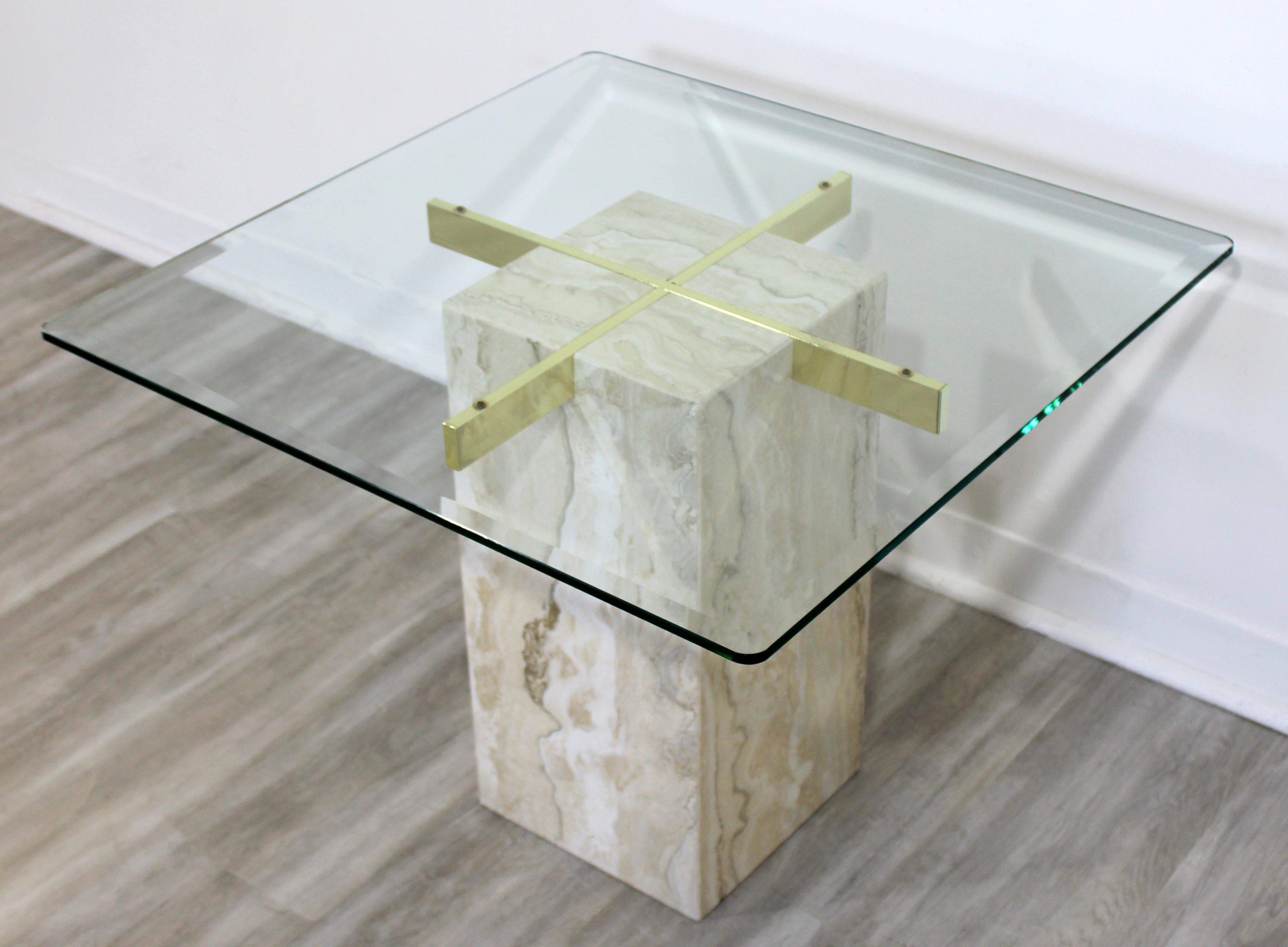 Glass Mid-Century Modern Artedi Travertine & Brass Square Side End Table, Italy, 1970s