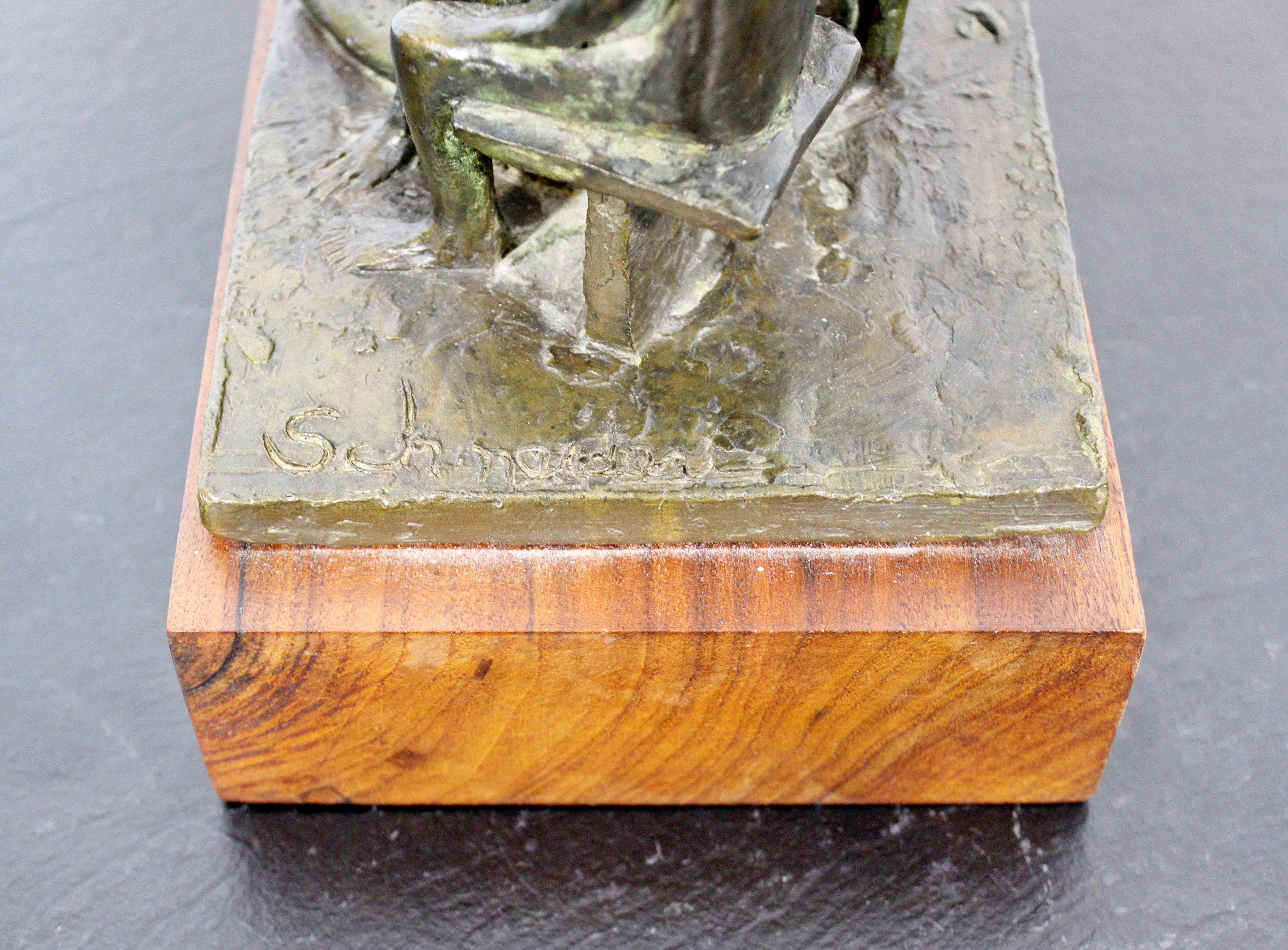 Mid-Century Modern Arthur Schneider Signed Bronze Table Sculpture Wood Base 1