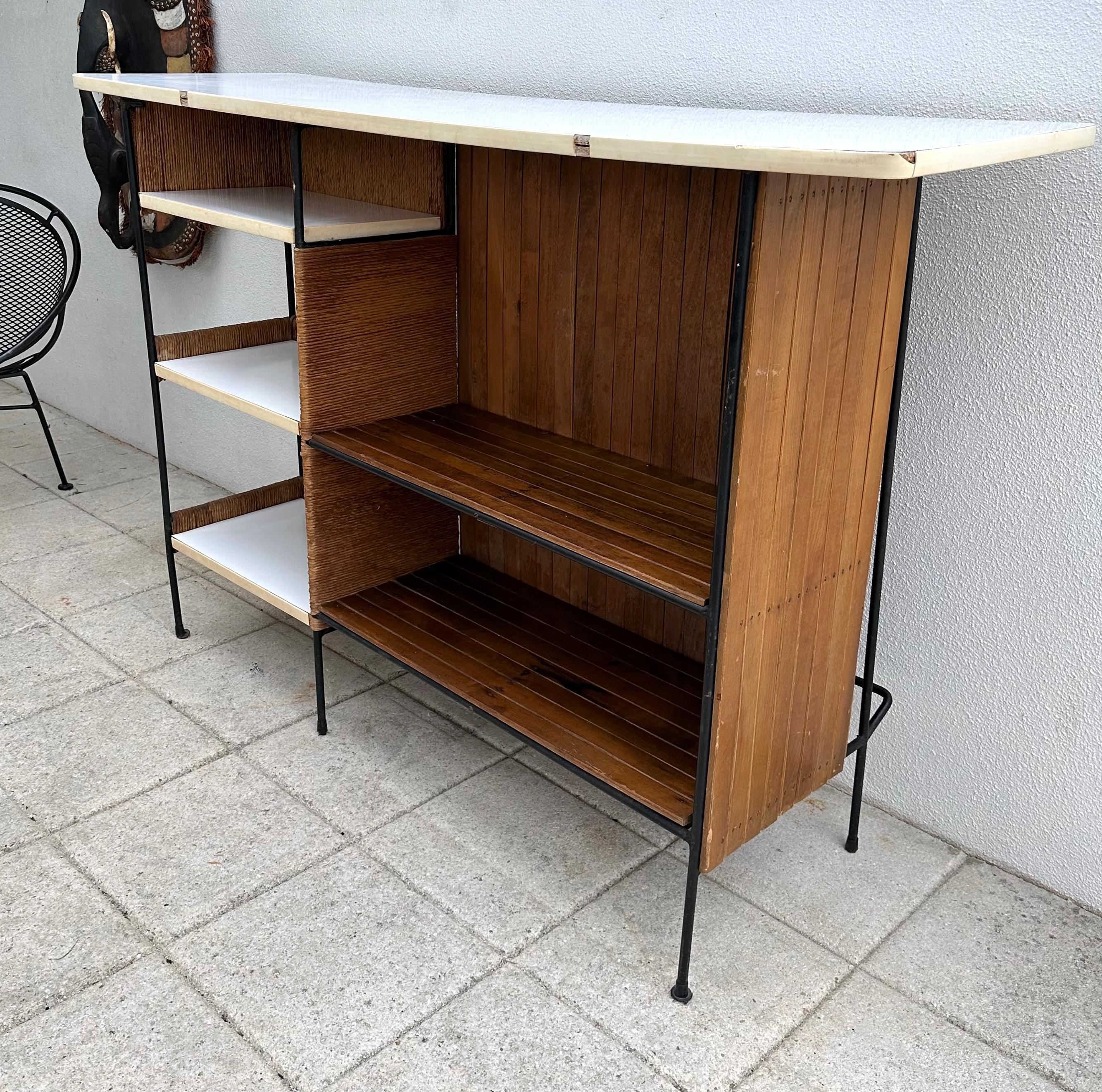 20th Century Mid-Century Modern Arthur Umanoff Bar Wrought Iron Wood Slat For Sale