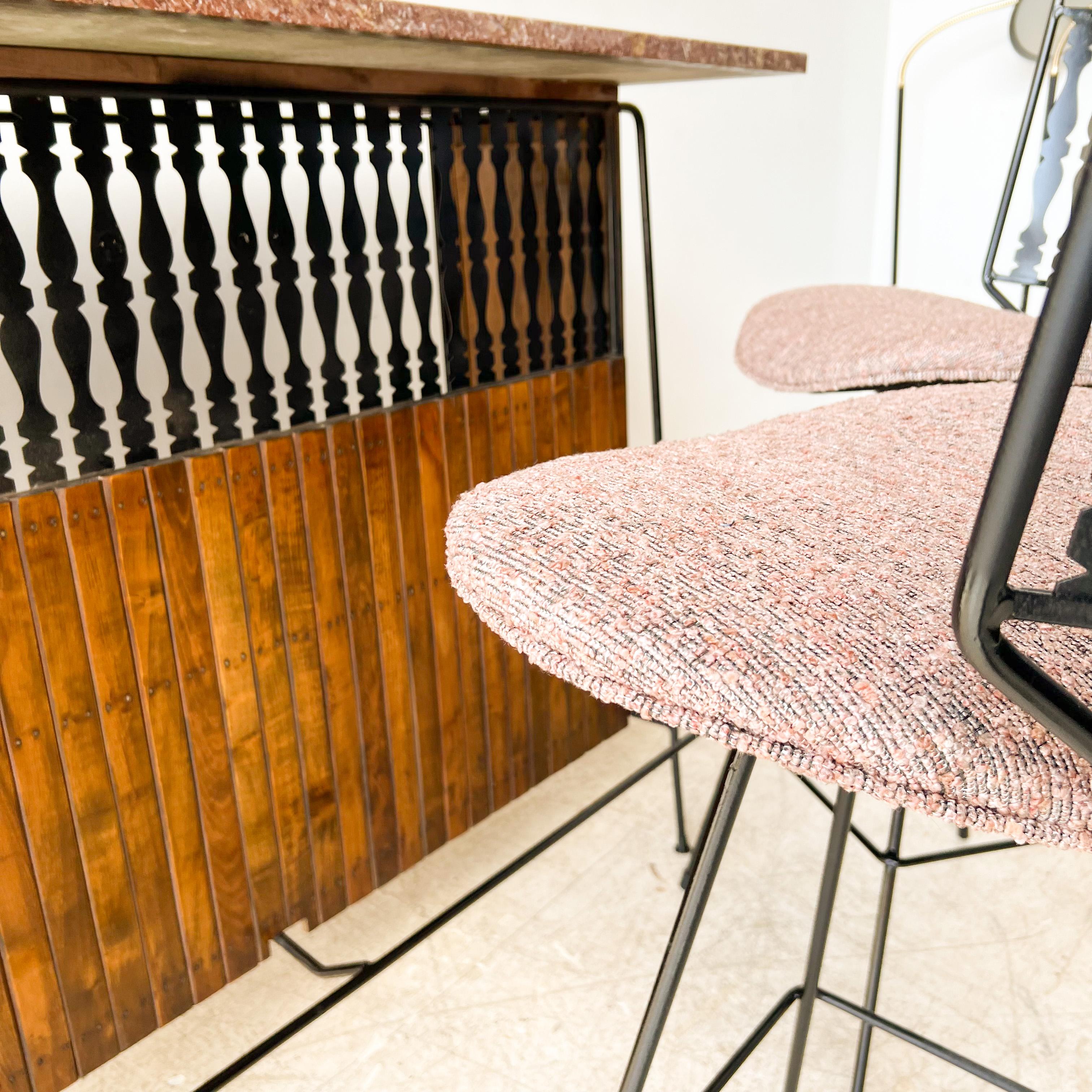 Mid-Century Modern Arthur Umanoff Dry Bar with 3 Bar Stools, New Upholstery 9
