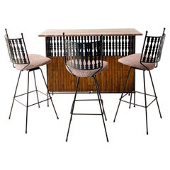 Mid-Century Modern Arthur Umanoff Dry Bar with 3 Bar Stools, New Upholstery