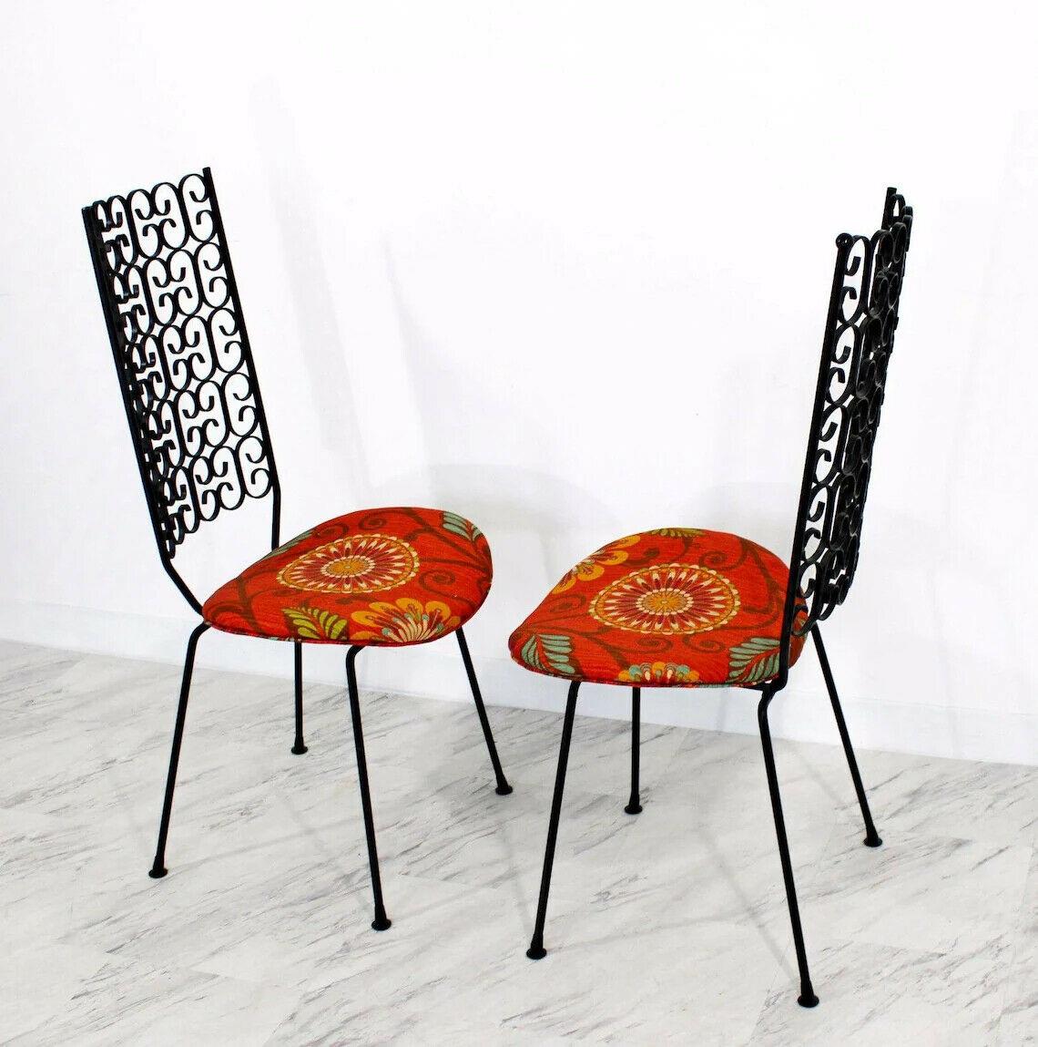 For your consideration is a super sexy bistro/patio set by Arthur Umanoff. Set includes a wrought iron table, with a glass top, and four matching chairs, with funky, orange fabric. In excellent condition. The dimensions of the table are 42