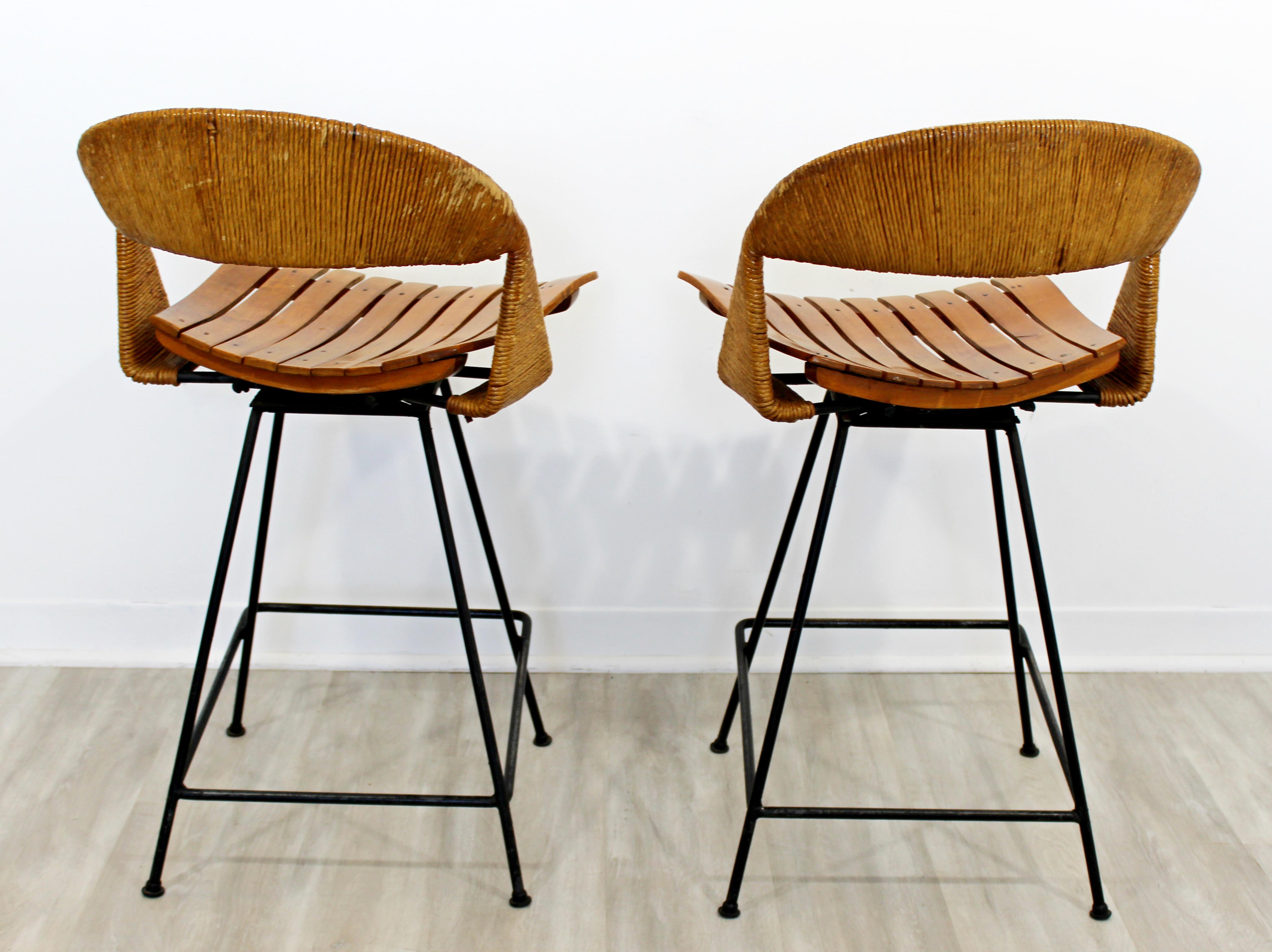 Mid-20th Century Mid-Century Modern Arthur Umanoff Pair of Counter Height Rattan Bar Stools 1960s