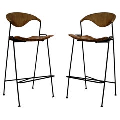 Mid-Century Modern Arthur Umanoff Pair of Iron Counter Bar Stools, 1960s