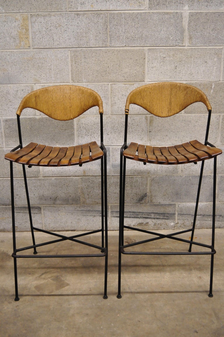 MidCentury Modern Arthur Umanoff Wrought Iron and Rattan Bar and Bar Stools at 1stDibs