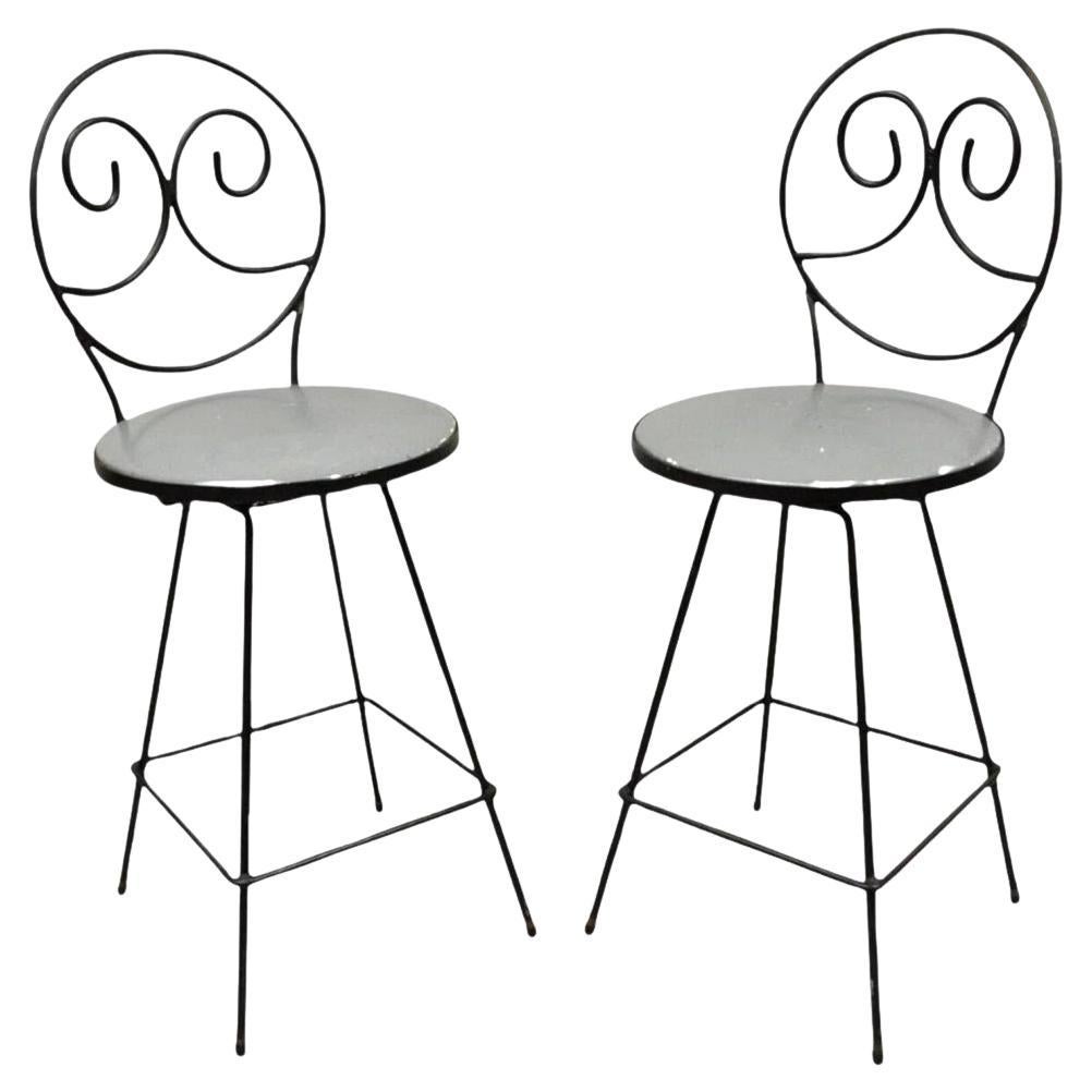 Mid Century Modern Arthur Umanoff Wrought Iron Swivel Counter Bar Stool Pair For Sale