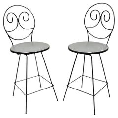 Mid Century Modern Arthur Umanoff Wrought Iron Swivel Counter Bar Stool Pair