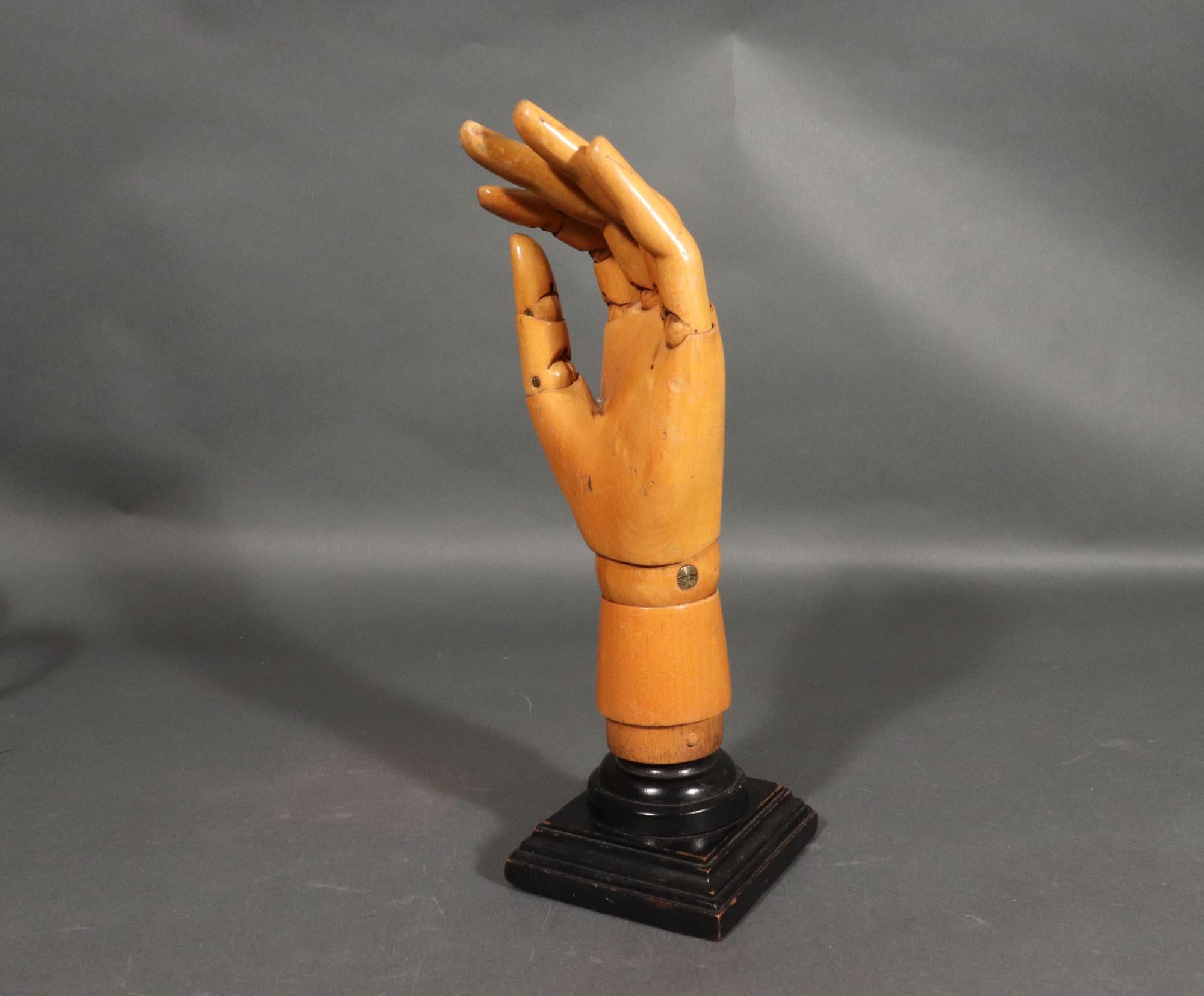 Gelenkiges Holz-Künstler-Handmodell,
1950s-1970

Die wunderschön geschnitzte Hand aus hellem Holz ist am Handgelenk und an der Basis jedes Fingers gegliedert, während Zeigefinger und Daumen ebenfalls am Knöchel gegliedert sind und die anderen Finger