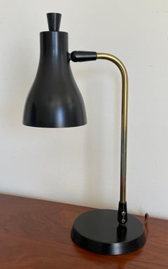 Mid Century Modern Black and Brass Gooseneck Desk Lamp By Gerald Thurston