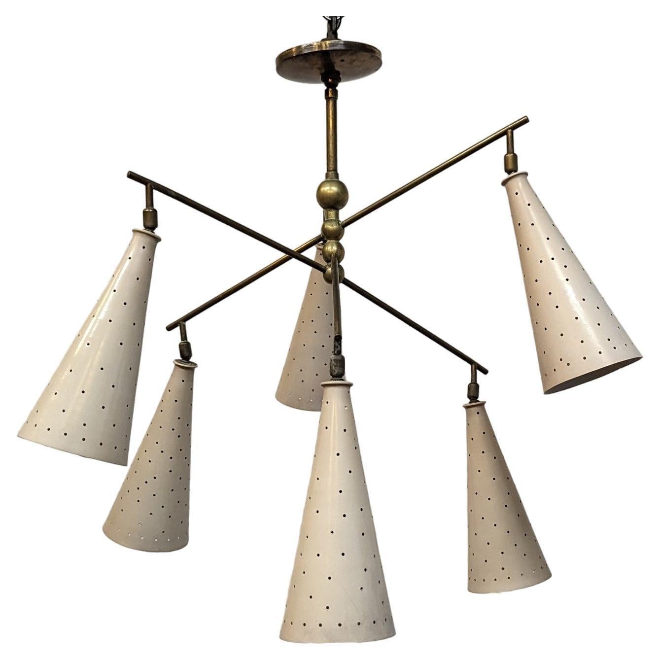  Mid Century Modern Articulating Chandelier Pendant.  Early 1950's articulating six arm ceiling light brass with aluminum perforated adjustable cone shades.  This light is completely original untouched.  The arms and shades are adjustable and can be