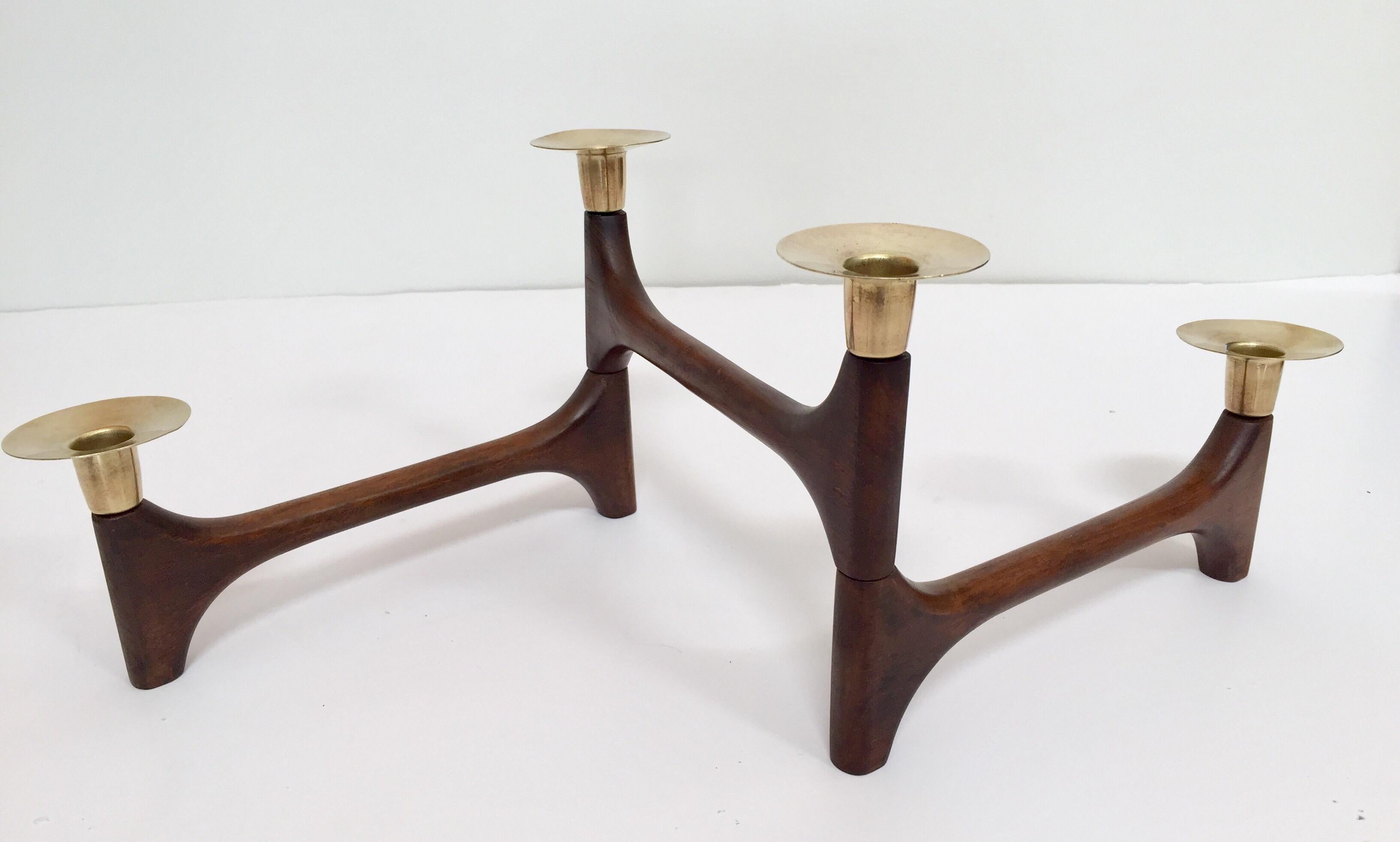 Japanese Mid-Century Modern Articulating Teak and Brass Folding Candleholder