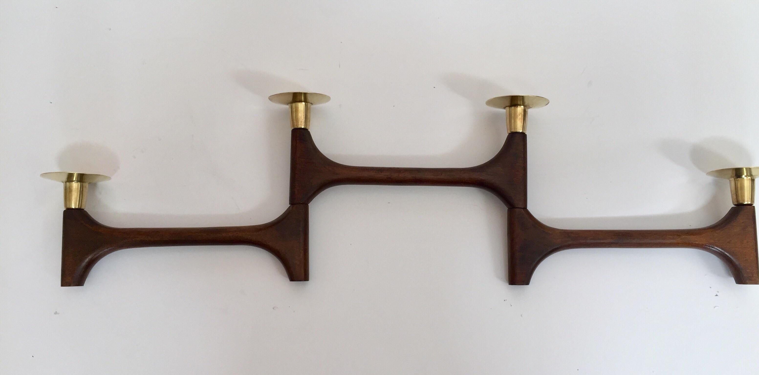Hand-Crafted Mid-Century Modern Articulating Teak and Brass Folding Candleholder