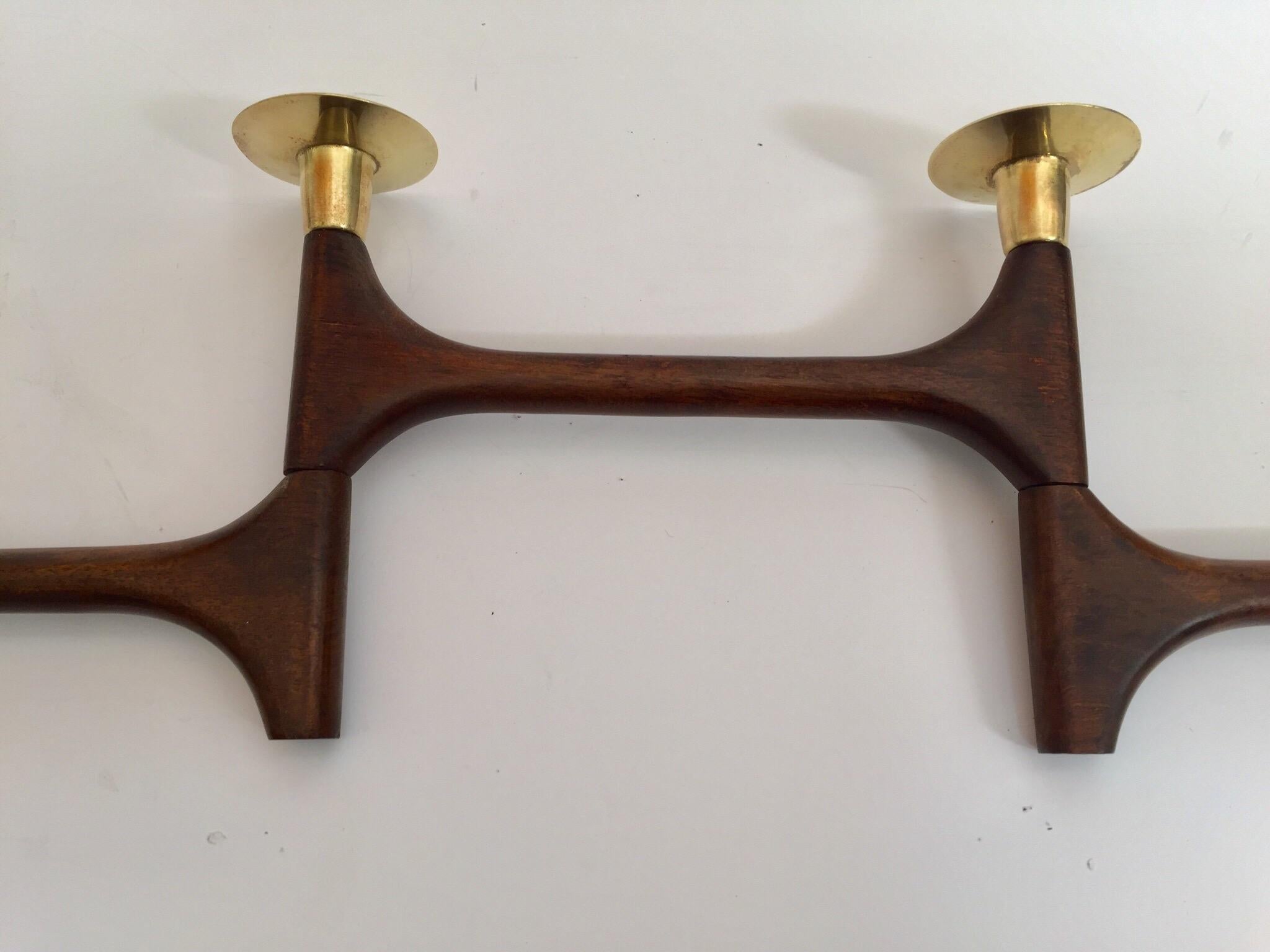 Mid-Century Modern Articulating Teak and Brass Folding Candleholder In Good Condition In North Hollywood, CA
