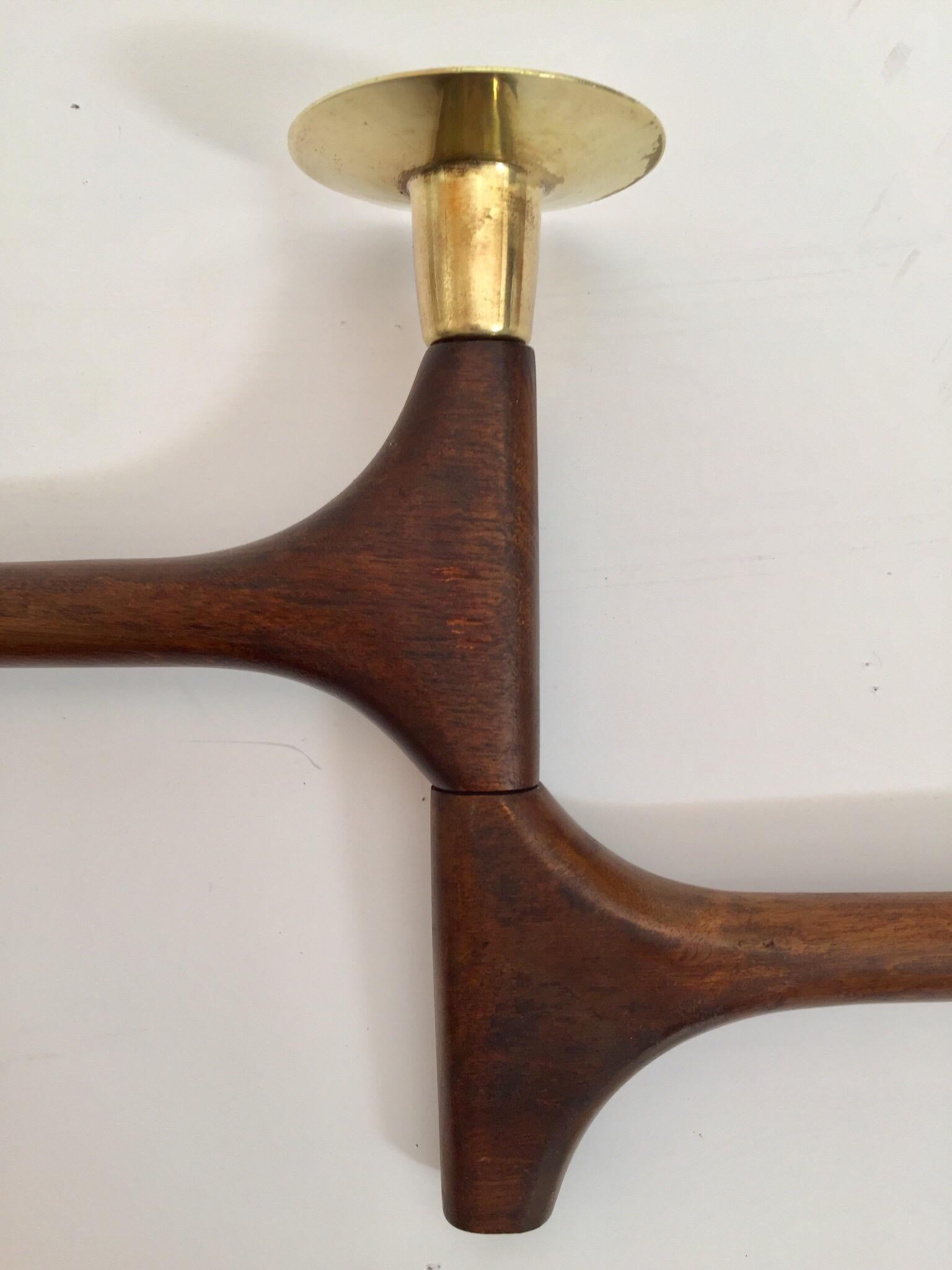 20th Century Mid-Century Modern Articulating Teak and Brass Folding Candleholder