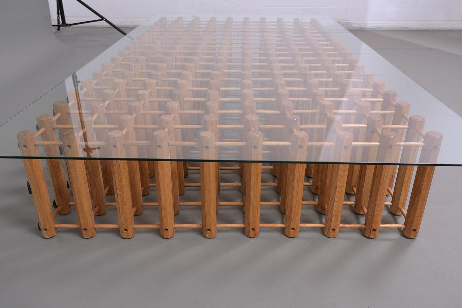 Carved Vintage 1980s Midcentury Oak Glass Top Low Coffee Table