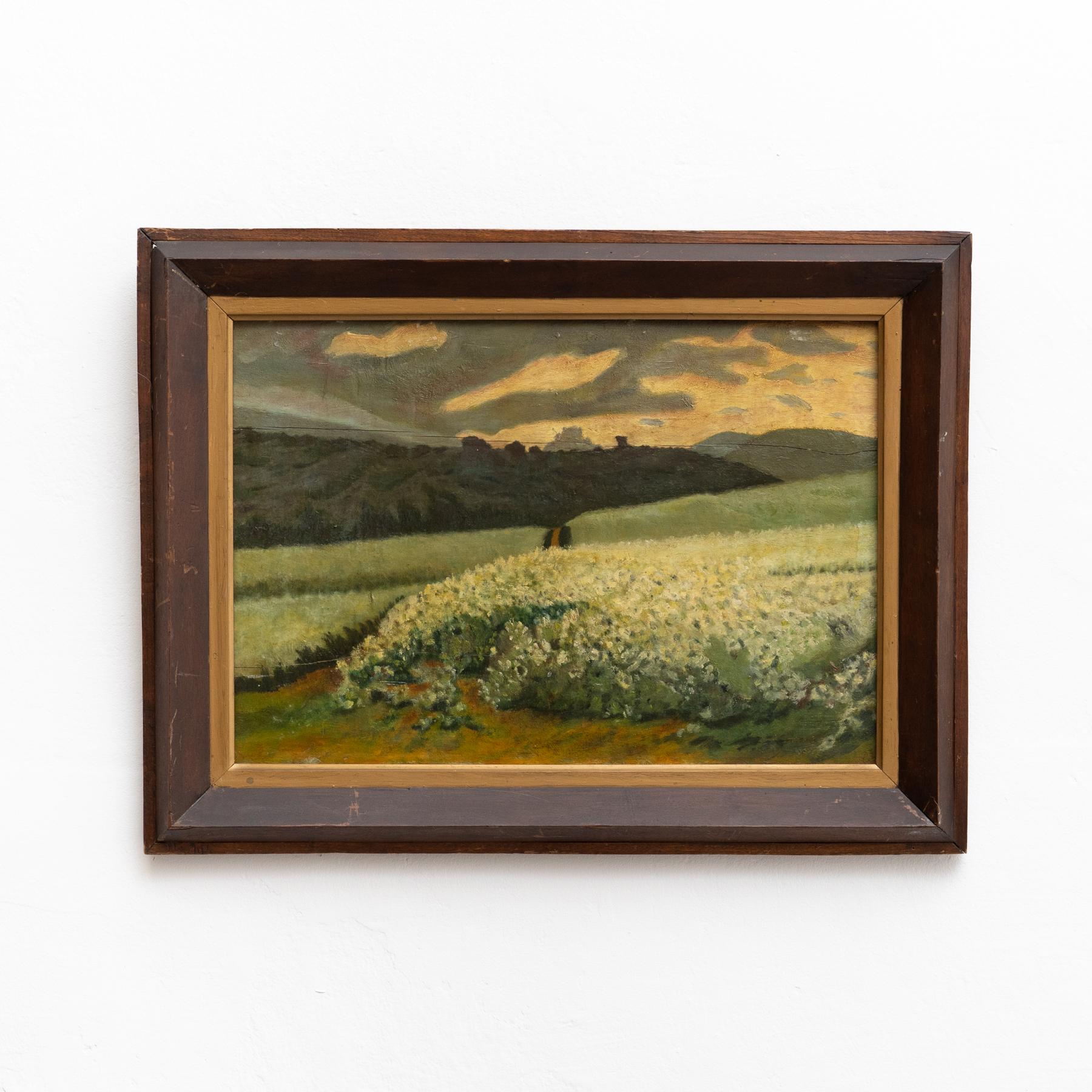 Unsigned painting by unknown artist.

Made in Spain, circa 1940

Oil on wood.

In original condition, with minor wear consistent with age and use, preserving a beautiful patina.
 