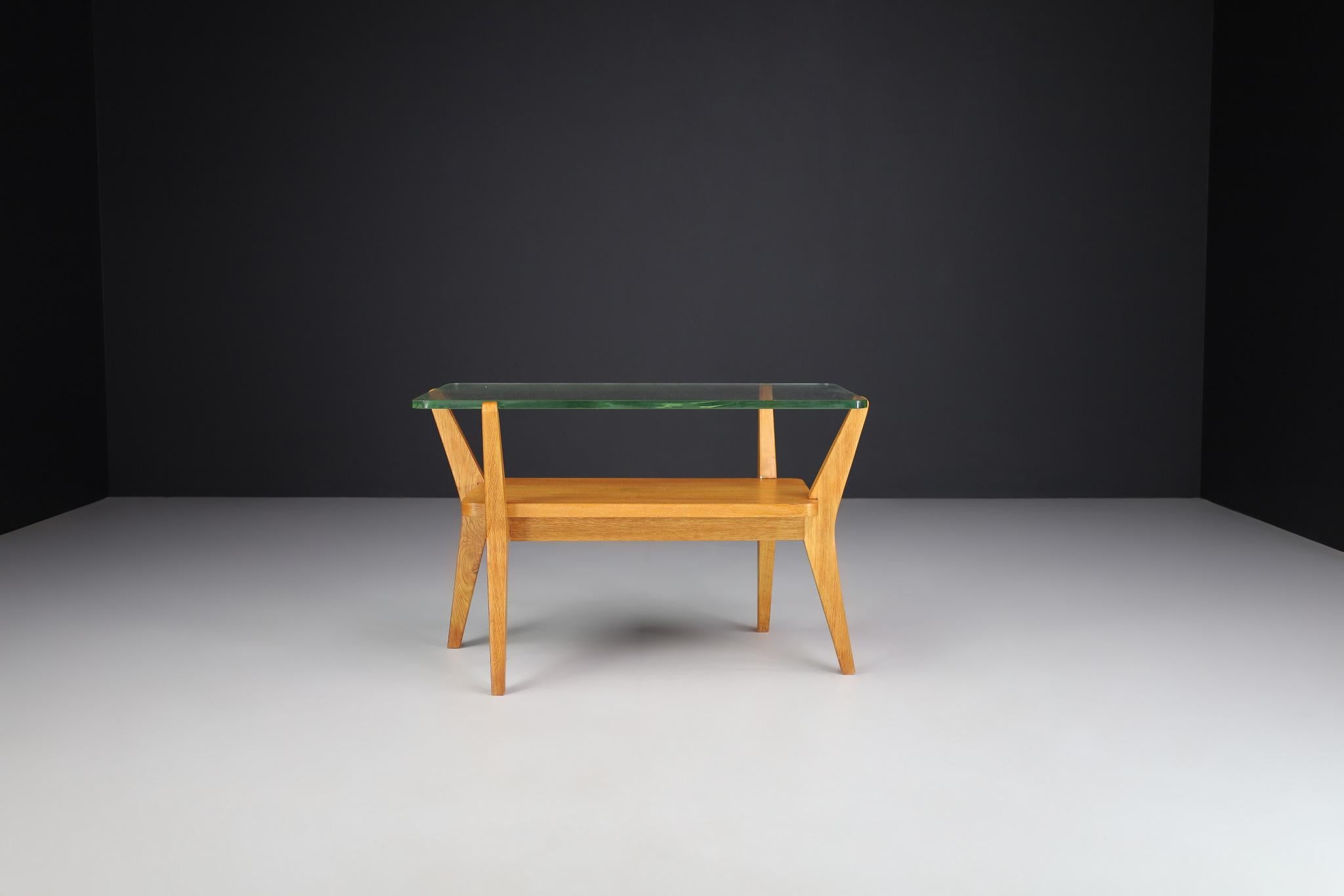 Czech Mid-Century Modern Ash Wood and Glass Coffee Table, Praque, 1950s For Sale