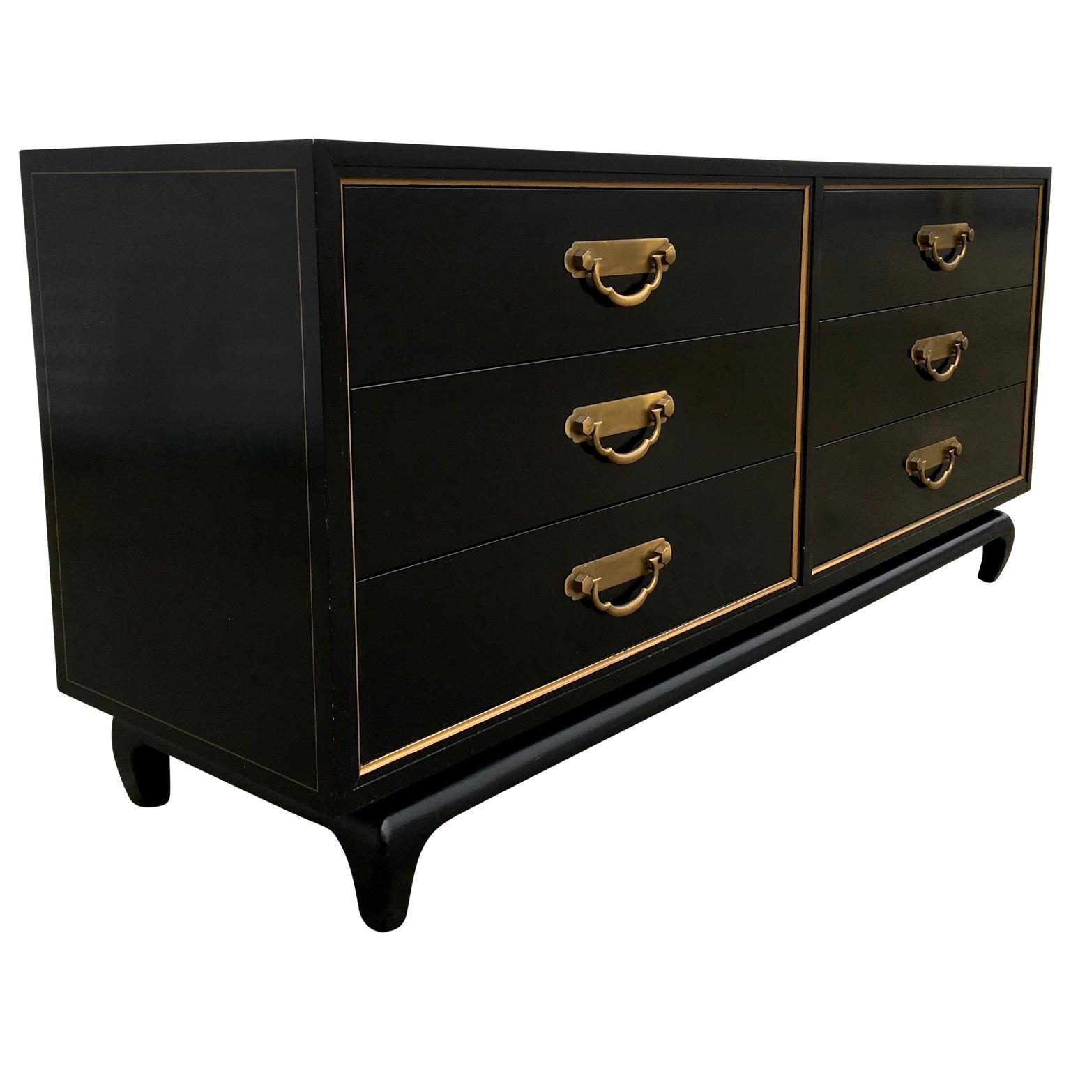 Mid-Century Modern Asian American of Martinsville Black Lacquer Six-Drawer Chest 1