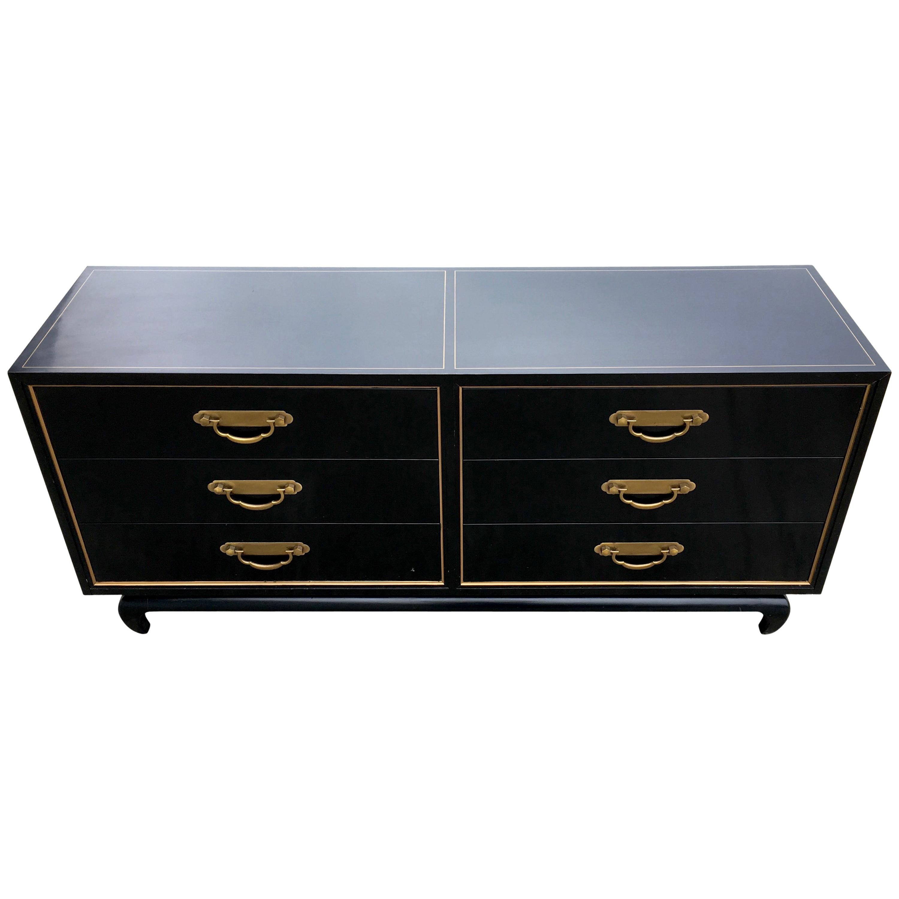 Mid-Century Modern Asian American of Martinsville Black Lacquer Six-Drawer Chest
