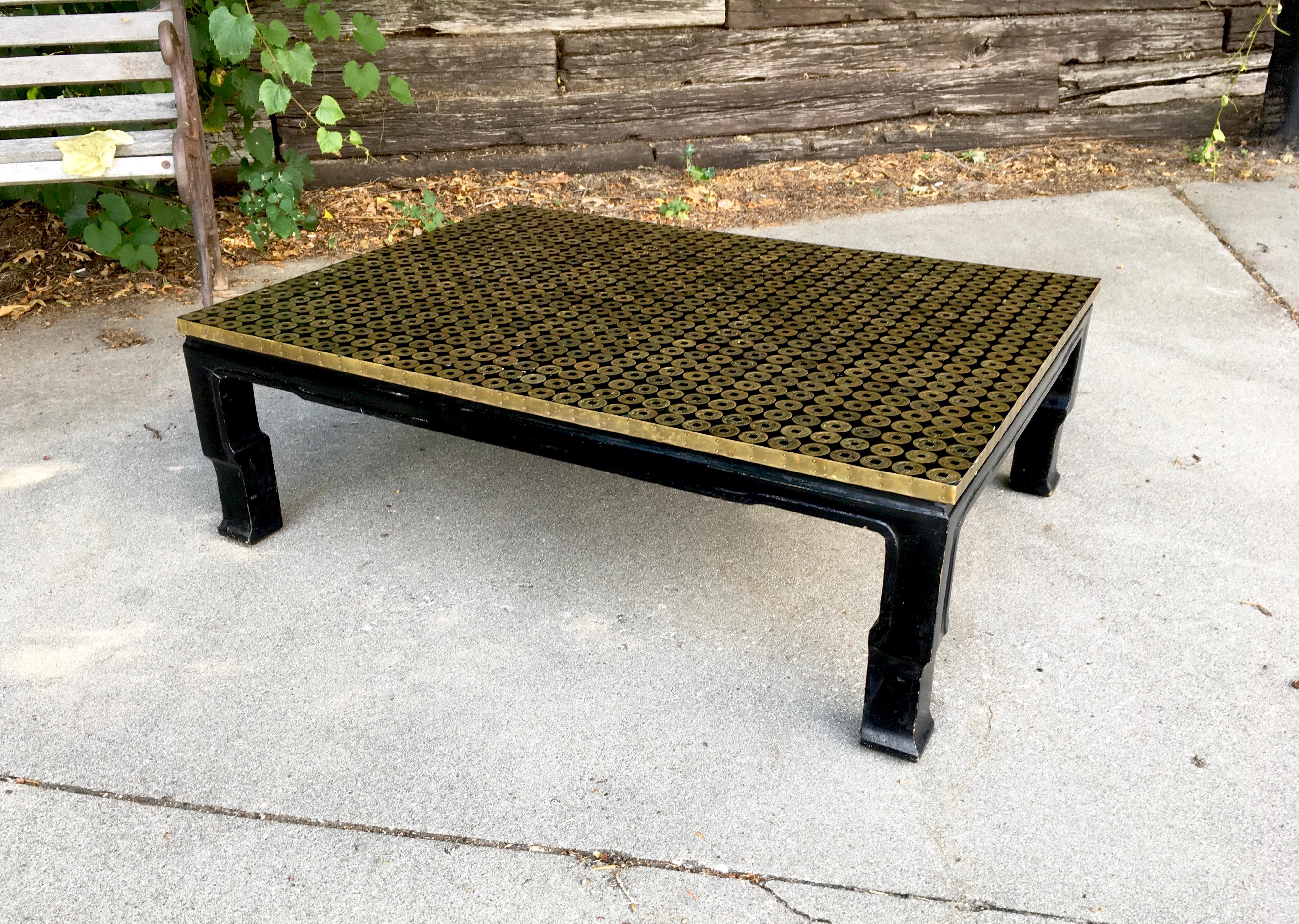 Mid-Century Modern Asian Bronze Coin Coffee Table Black Lacquered 7