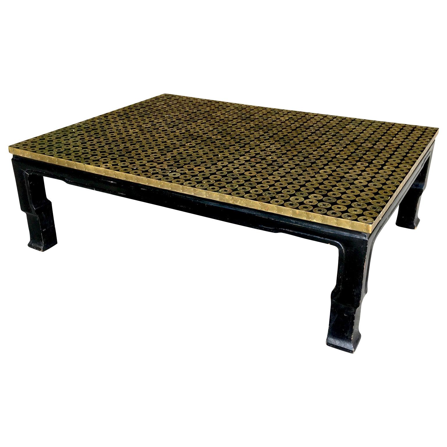 Mid-Century Modern Asian Bronze Coin Coffee Table Black Lacquered