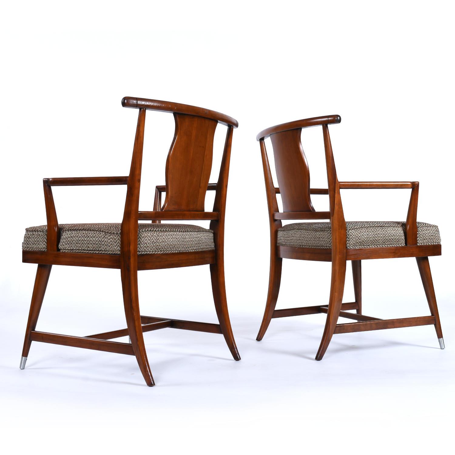 American Mid-Century Modern Asian Chinoiserie Sabre Leg Walnut Dining Chairs