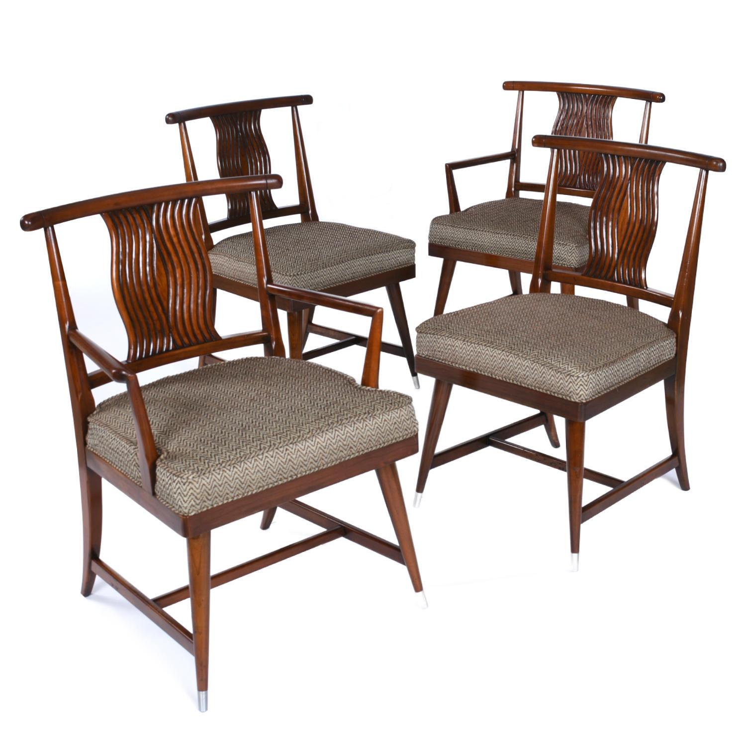 Mid-Century Modern Asian Chinoiserie Sabre Leg Walnut Dining Chairs In Good Condition For Sale In Chattanooga, TN