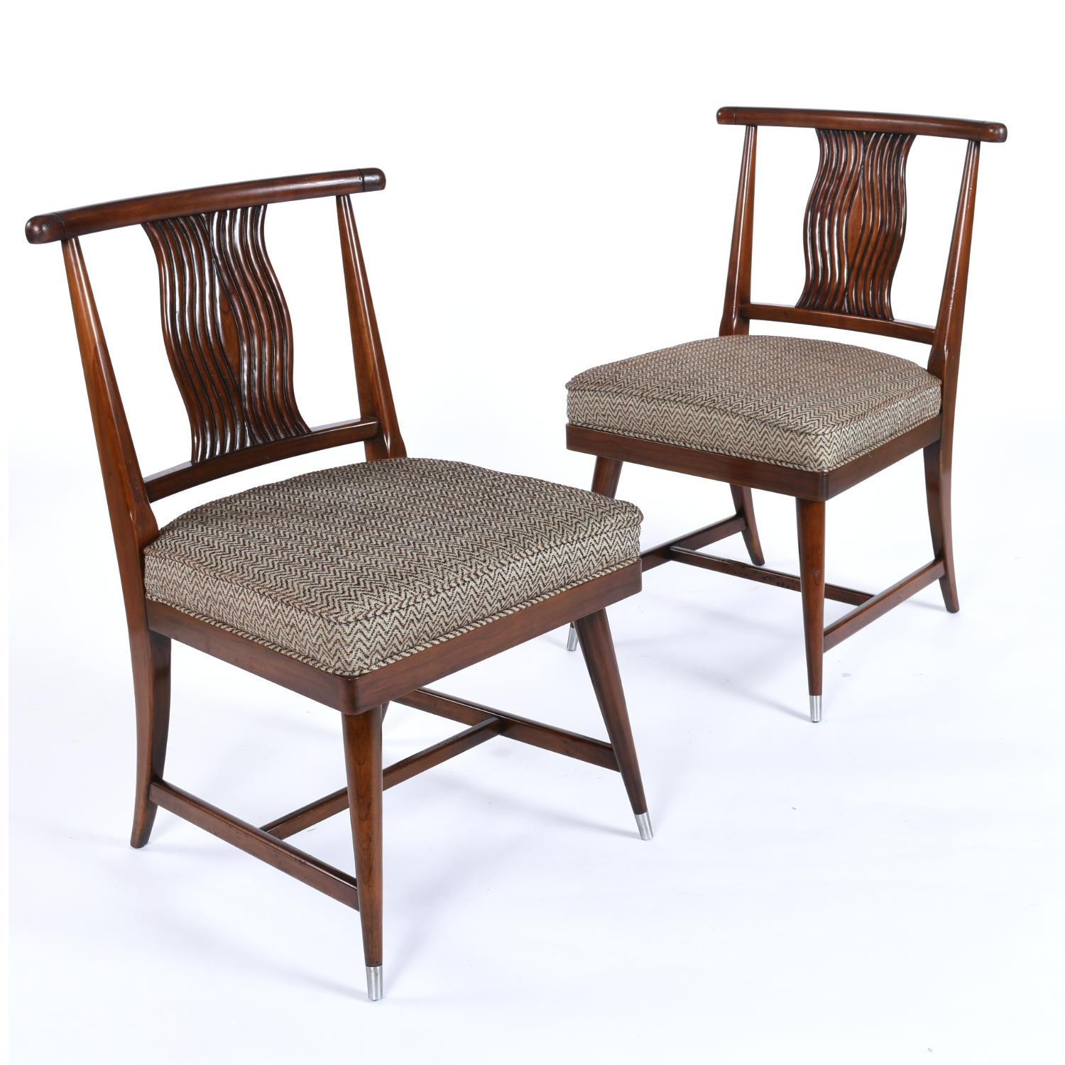 Upholstery Mid-Century Modern Asian Chinoiserie Sabre Leg Walnut Dining Chairs