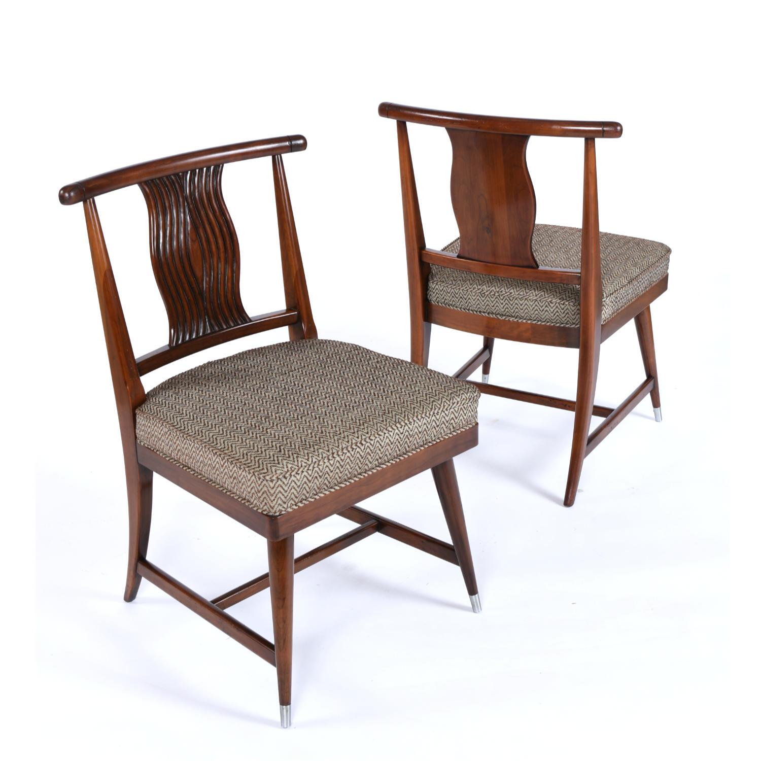 Mid-Century Modern Asian Chinoiserie Sabre Leg Walnut Dining Chairs For Sale 1