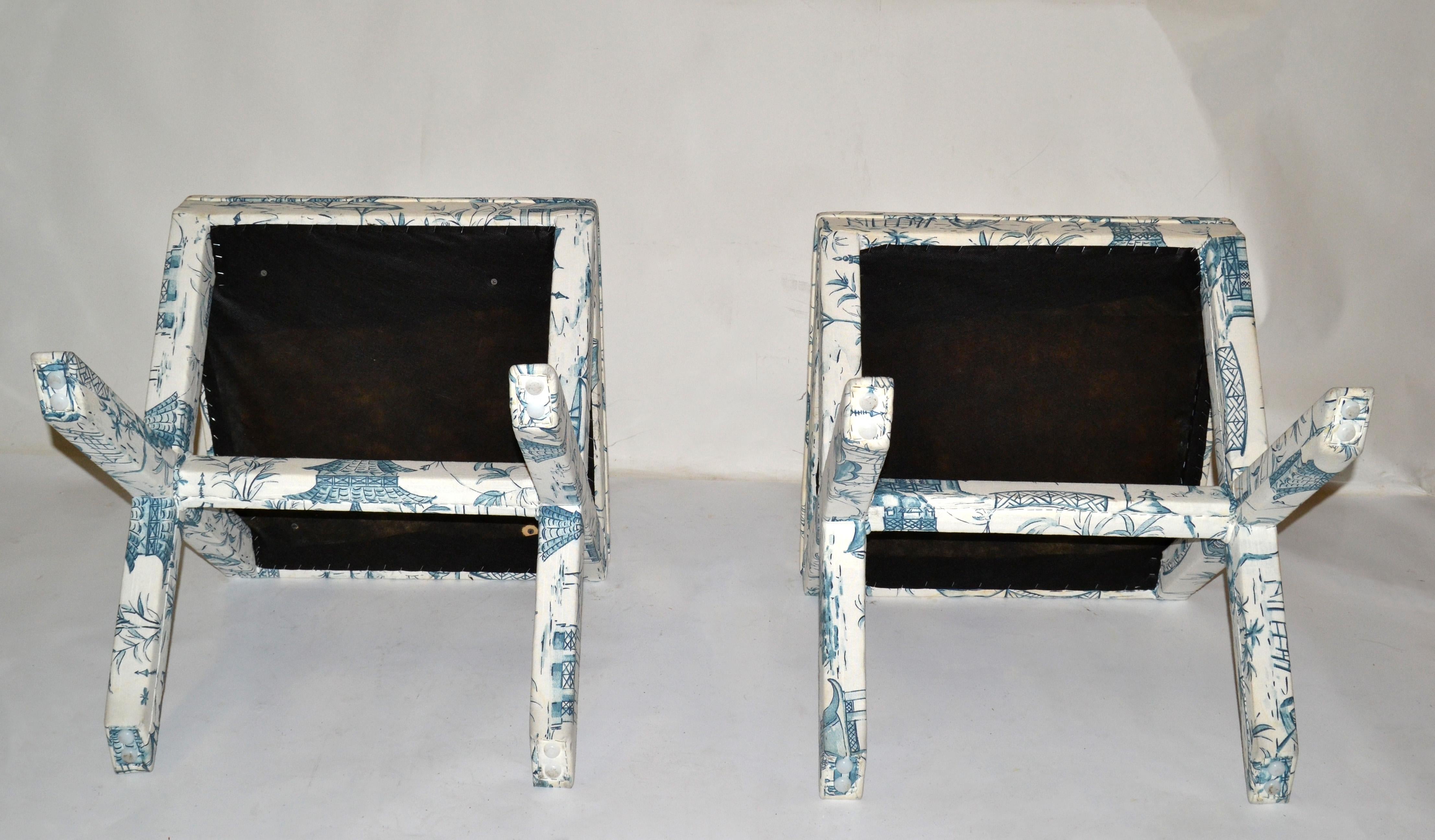 Mid-Century Modern Asian Cotton Upholstery Ottoman Decorative x Base, Pair For Sale 3