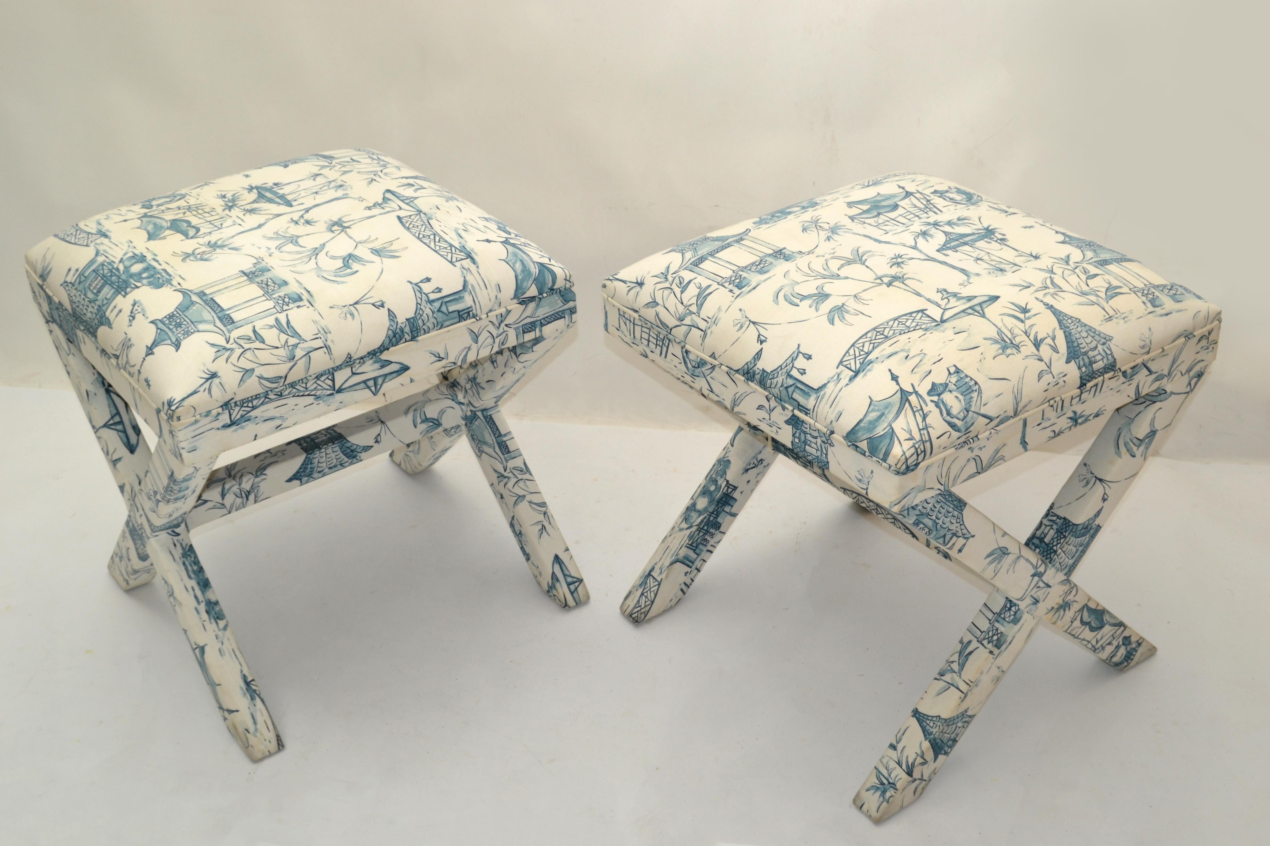 Pair of Mid-Century Modern ottoman, footstools in blue/white Asian motif cotton fabric with decorative X Stretcher.
In all original Condition with some wear to the fabric. We recommend having the set professionally cleaned.