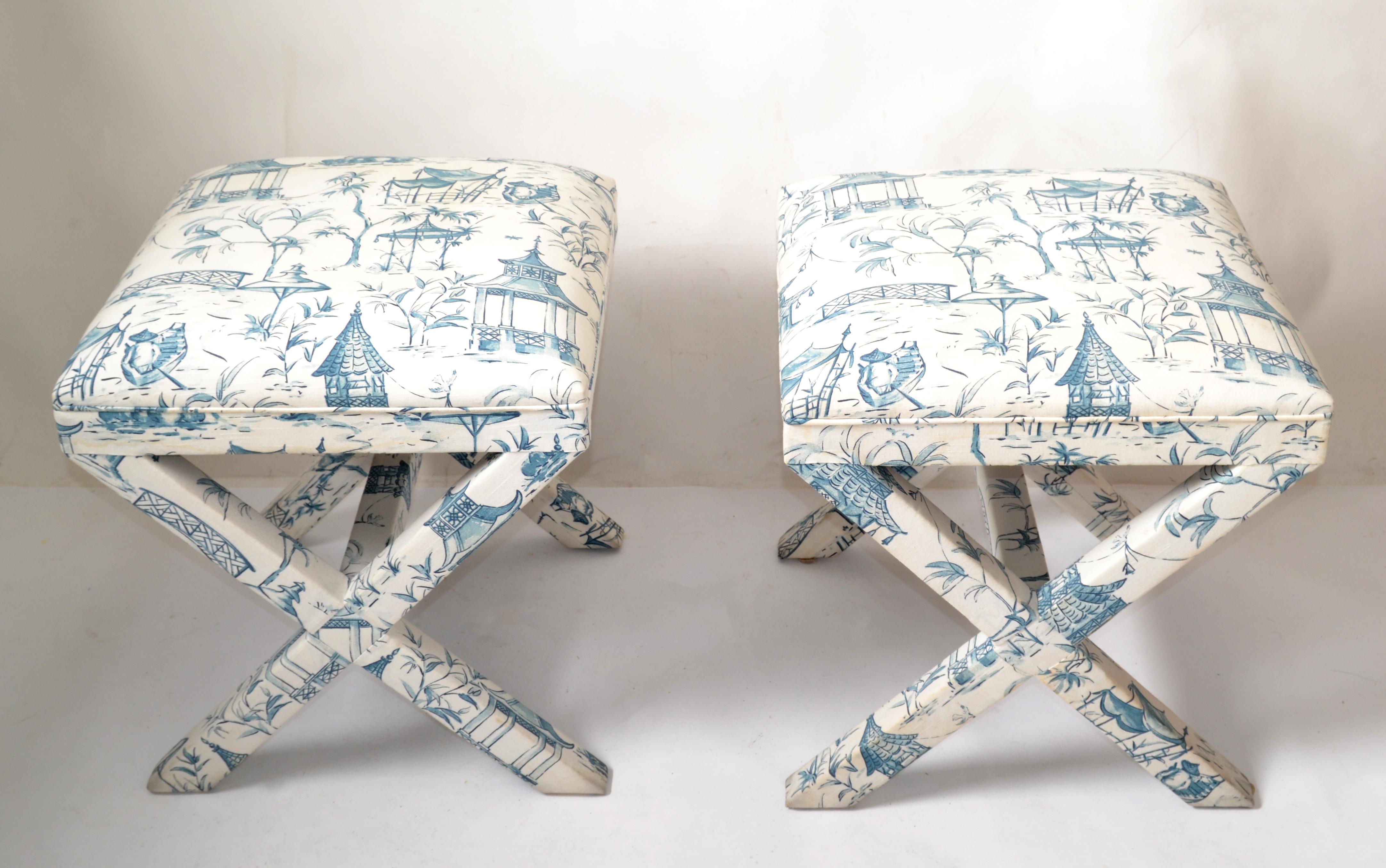 Mid-Century Modern Asian Cotton Upholstery Ottoman Decorative x Base, Pair In Good Condition For Sale In Miami, FL