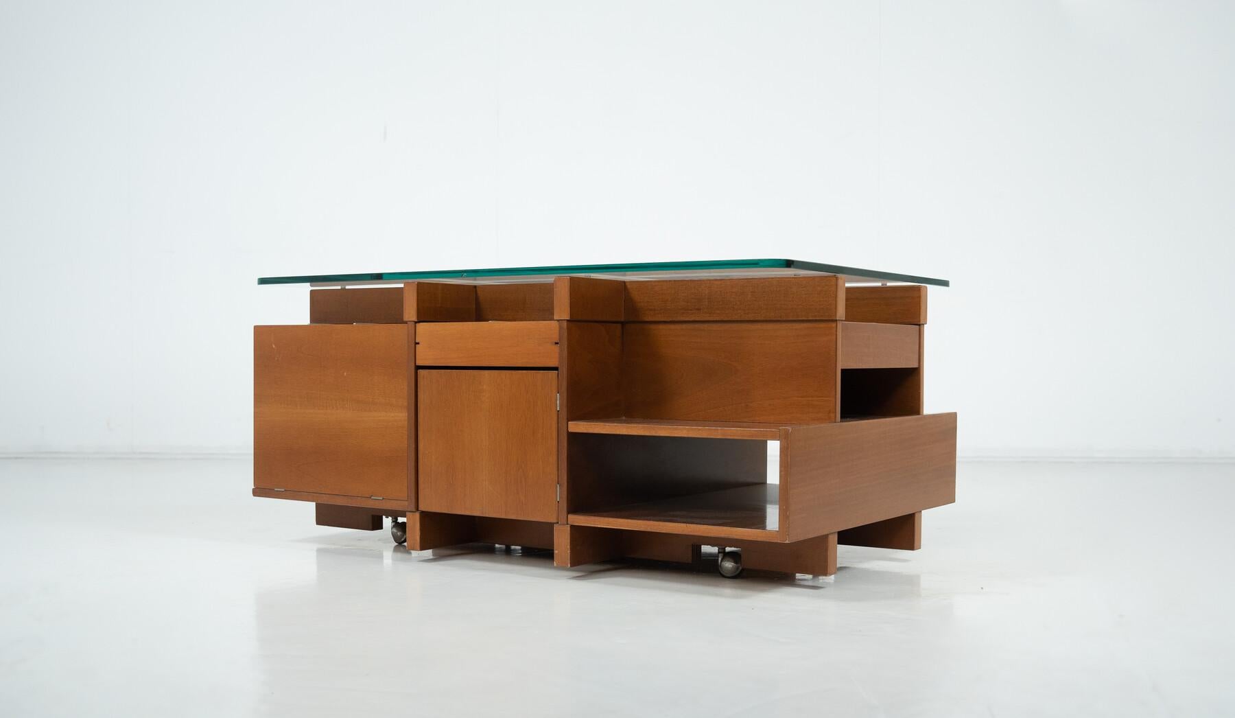 Mid-Century Modern Assymetrical Coffee Table with Compartments, Wood and Glass, Italy, 1970s
