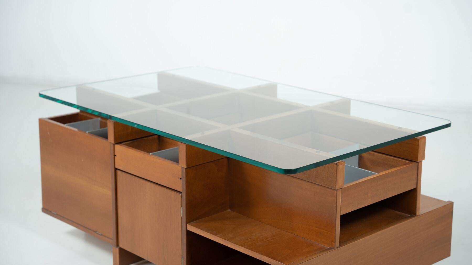 Italian Mid-Century Modern Assymetrical Coffee Table with Compartments, Italy, 1970s For Sale