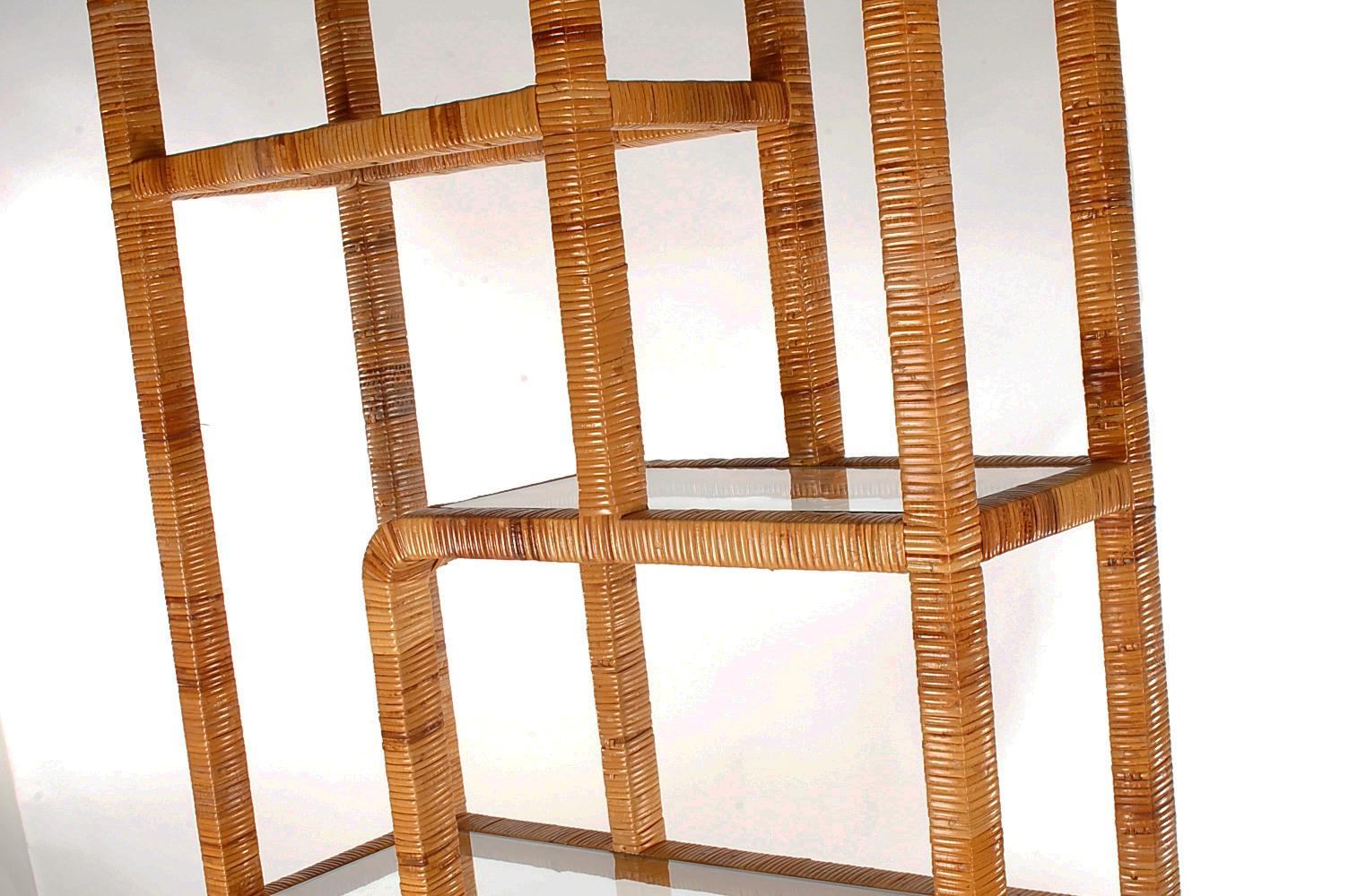 American Mid-Century Modern Asymmetrical Rattan Etagere or Shelving Wall Unit