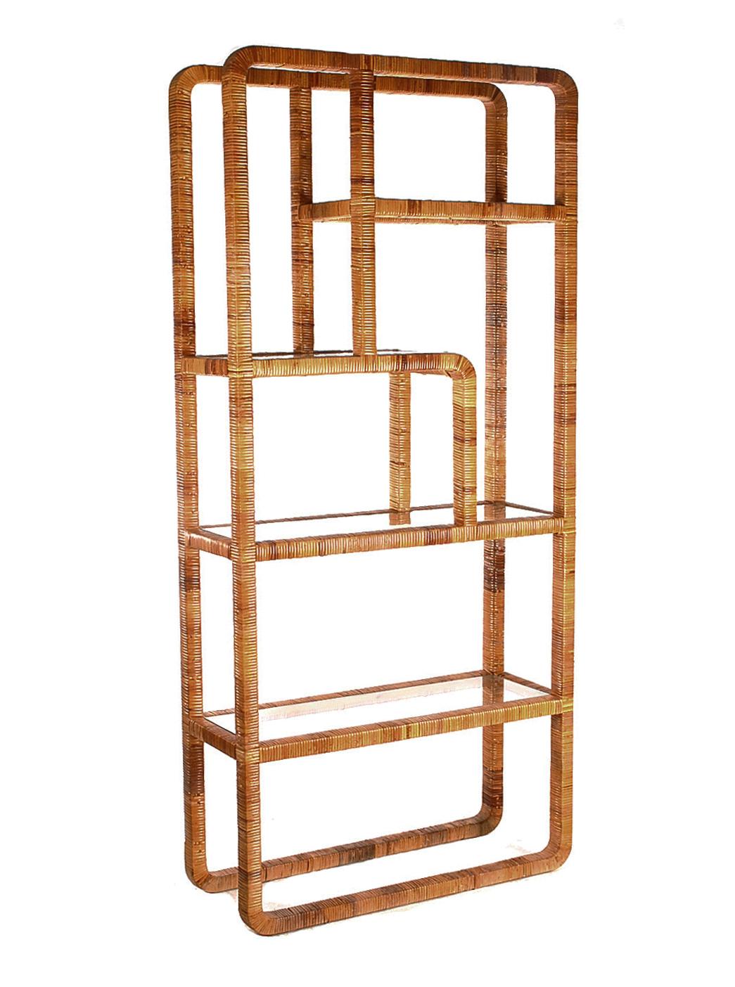 Mid-Century Modern Asymmetrical Rattan Etagere or Shelving Wall Unit In Good Condition In Philadelphia, PA