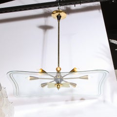 Mid-Century Modern Atomic Brass, Black Enamel & Etched/ Frosted Glass Chandelier