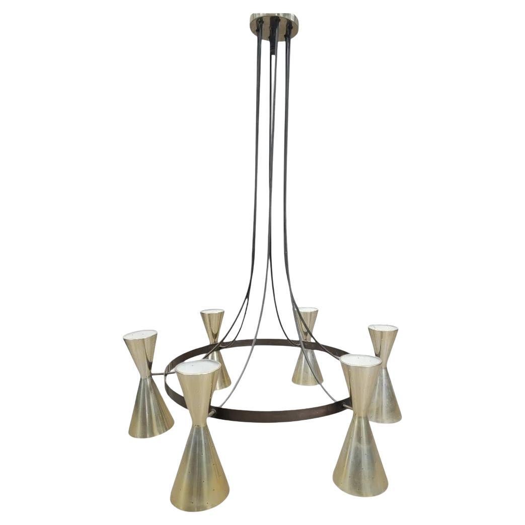 Lampadario a cono bifacciale a 6 clessidre con finitura in ottone atomico del Mid Century Modern in vendita