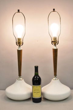 Mid Century Modern Atomic Era Sculpted Wood White Ceramic Table Lamps - a Pair
