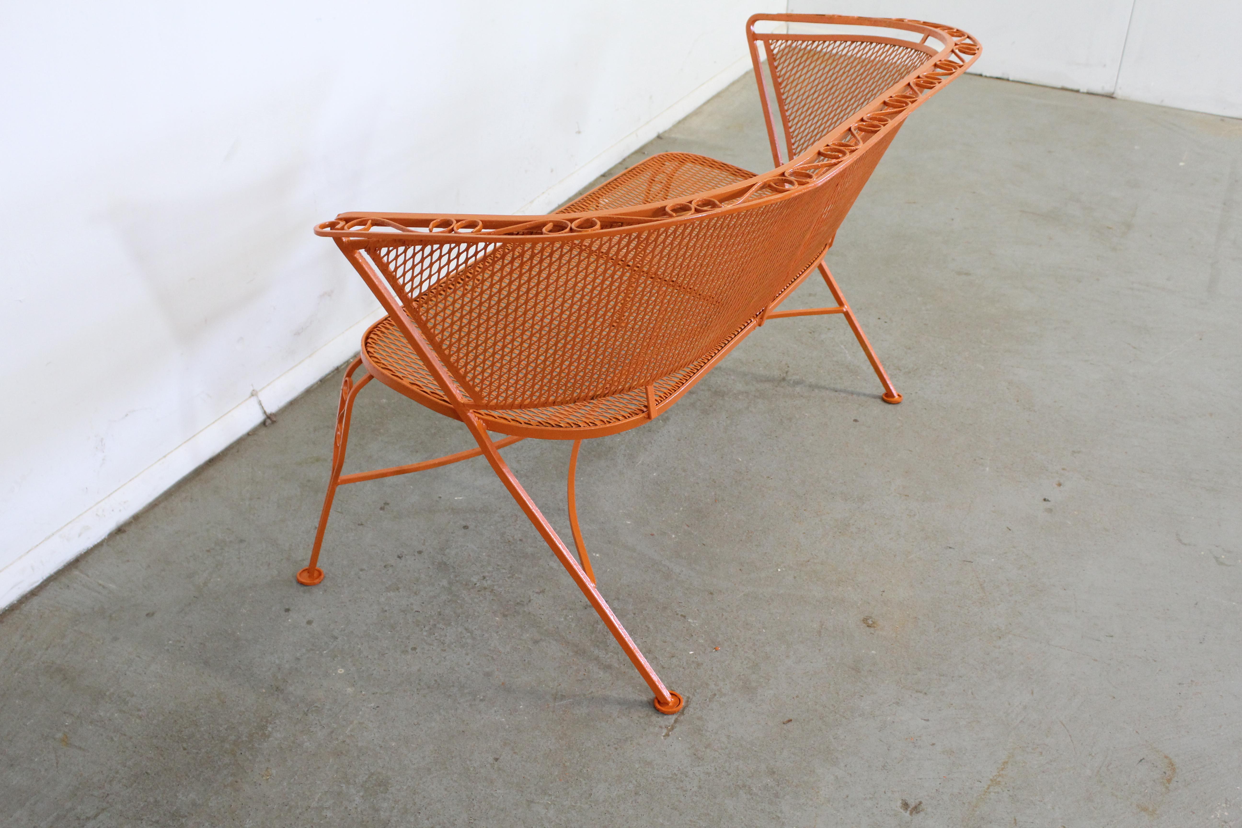 Iron Mid-Century Modern Atomic Orange Salterini Style Outdoor Metal Curved Back Bench