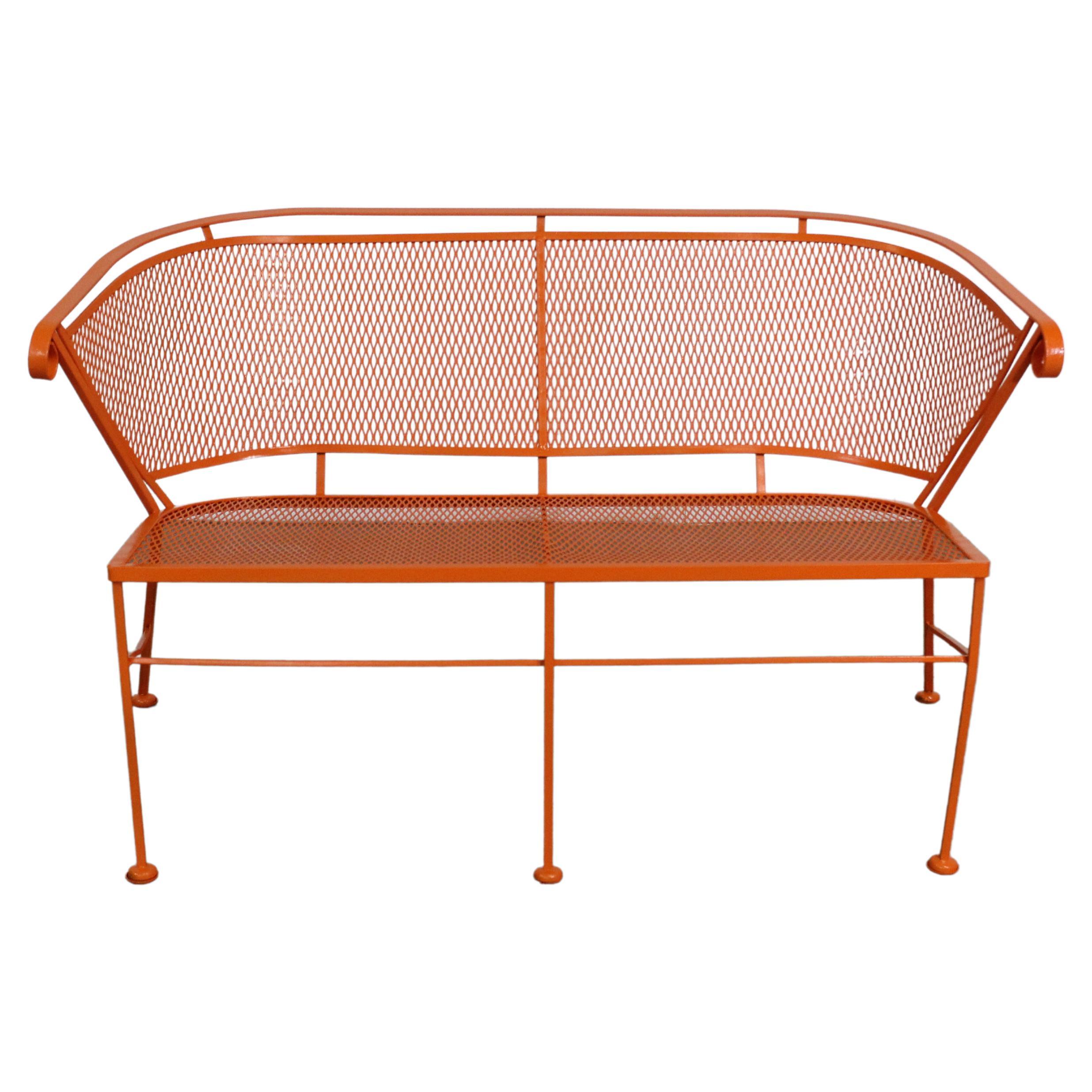 Mid-Century Modern Atomic Orange Salterini Style Outdoor Metal Curved Back Bench