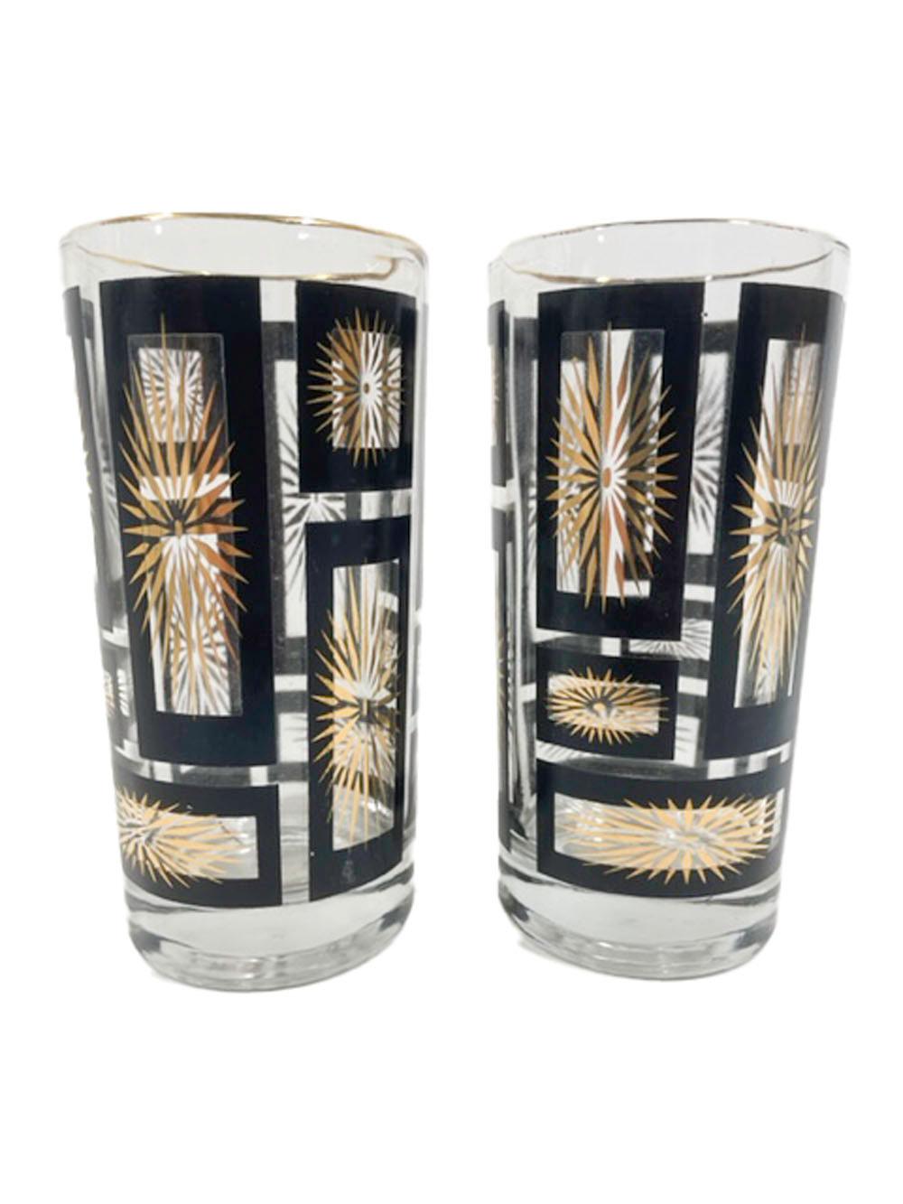 American Mid-Century Modern Atomic Period Highball Glasses with Gold Starbursts For Sale