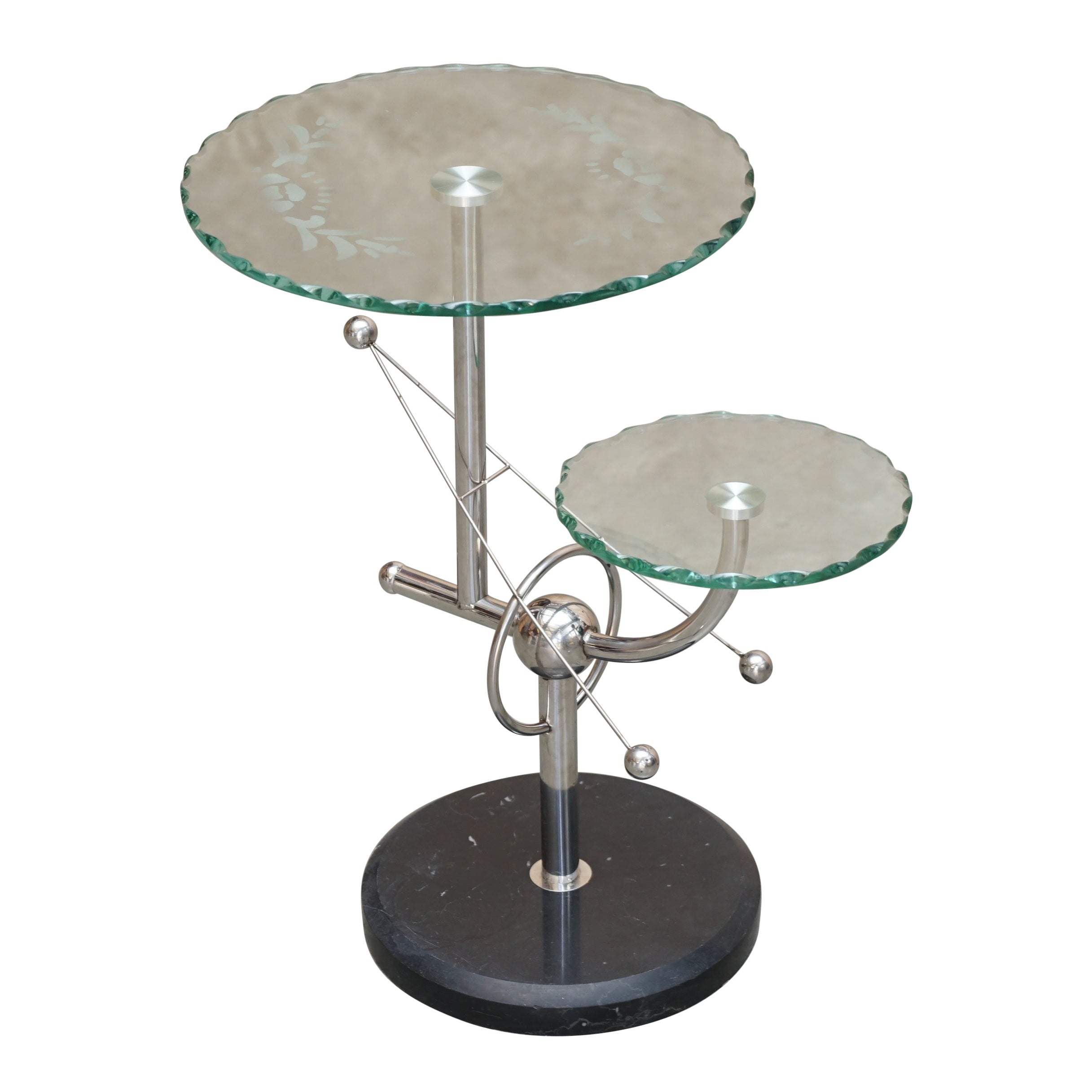 Moderna de Mitad de Siglo Atómica Space Age Mesa auxiliar de cristal cromado y mármol en venta